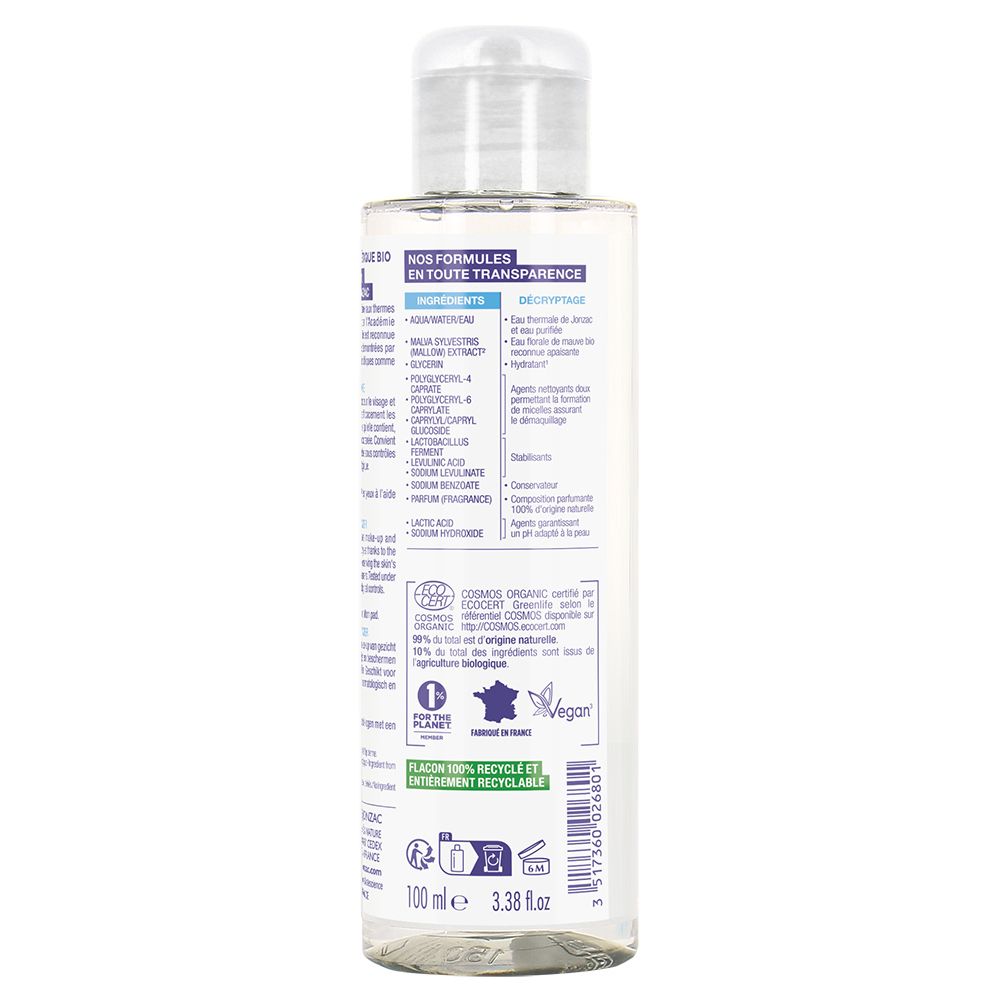 Rückseite der Jonzac Acqua Micellare Idratante Rehydrate Flasche. Enthält Inhaltsstoffe, Recycling-Logo, Vegan-Logo und 100ml.