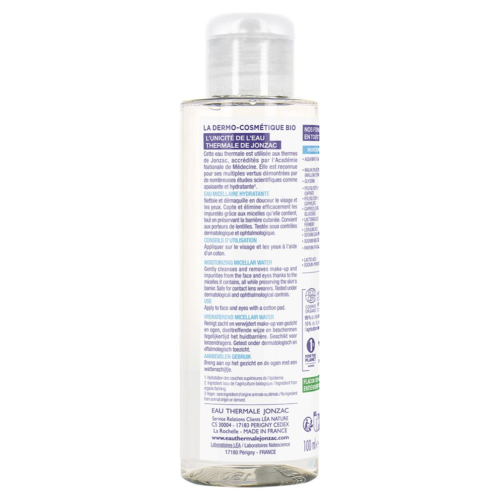 Rückseite der Jonzac Acqua Micellare Idratante Rehydrate Flasche. Text über die Anwendung und Inhaltsstoffe. 100ml.
