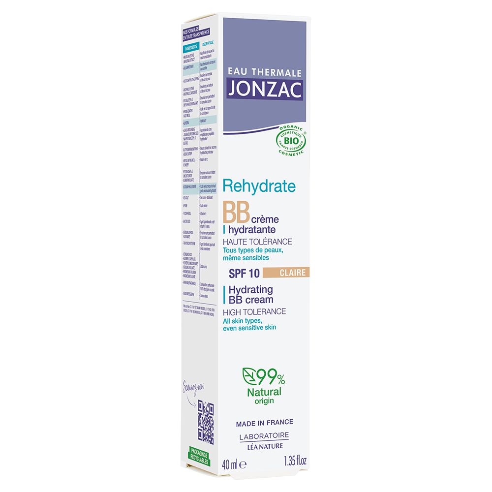 Karton mit Creme-Tube. Marke: Eau Thermale Jonzac. Produkt: Rehydrate BB crème. Farbe: Claire. SPF 10. Bio-Zertifizierung.