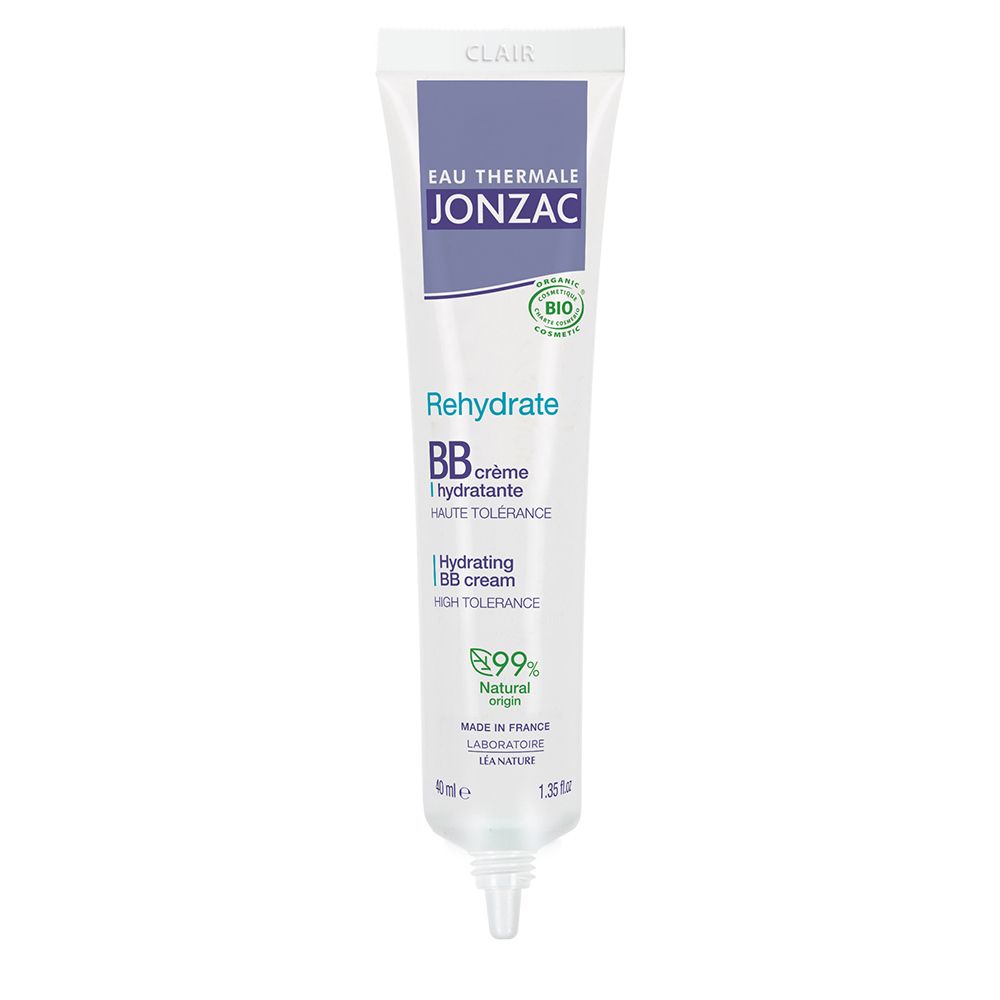 Creme-Tube mit Aufschrift. Marke: Eau Thermale Jonzac. Produkt: Rehydrate BB crème. Farbe: Chiara. Bio-Zertifizierung.