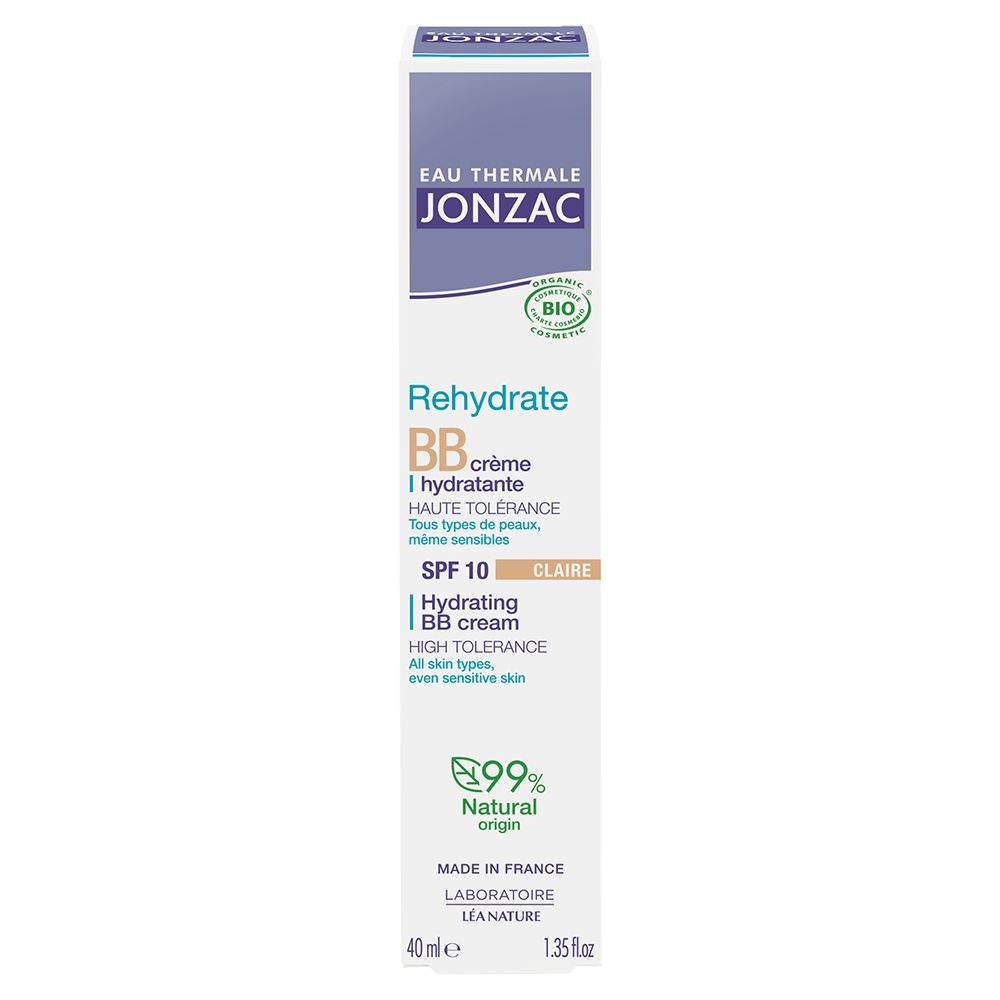 Karton mit Aufschrift. Marke: Eau Thermale Jonzac. Produkt: Rehydrate BB crème. Farbe: Claire. SPF 10. Bio-Zertifizierung.