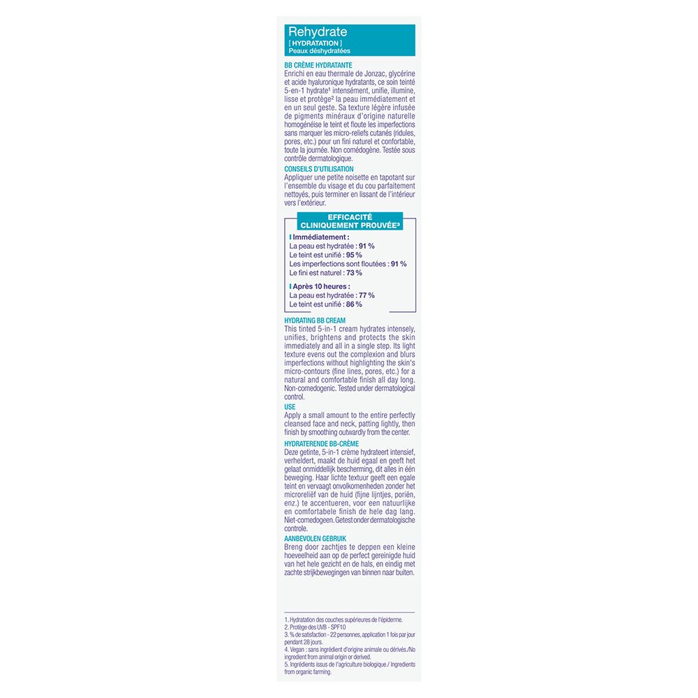 Karton mit Informationen. Marke: Eau Thermale Jonzac. Text auf Französisch. Informationen zur Anwendung.