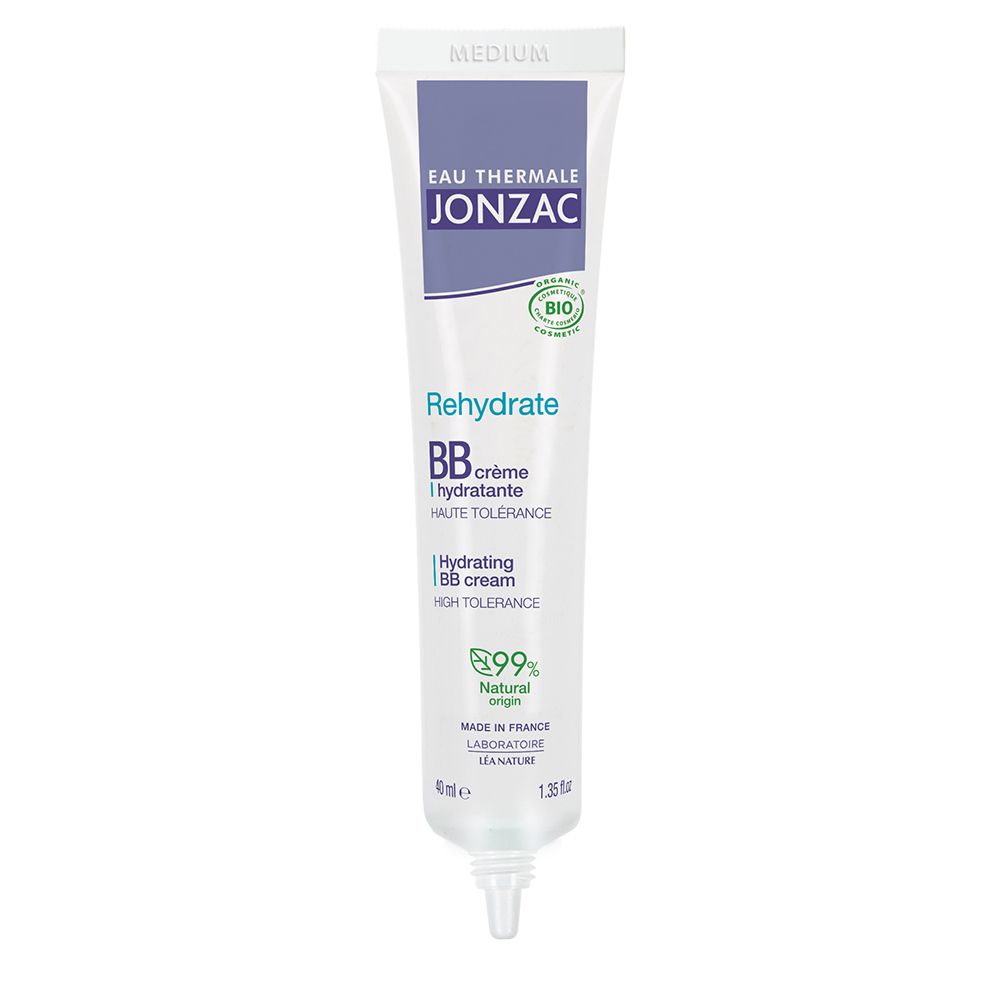 Creme-Tube mit Aufschrift "Eau Thermale Jonzac". BB Crème Idratante, Medium. Bio-Zertifizierung. 99% natürliche Inhaltsstoffe.