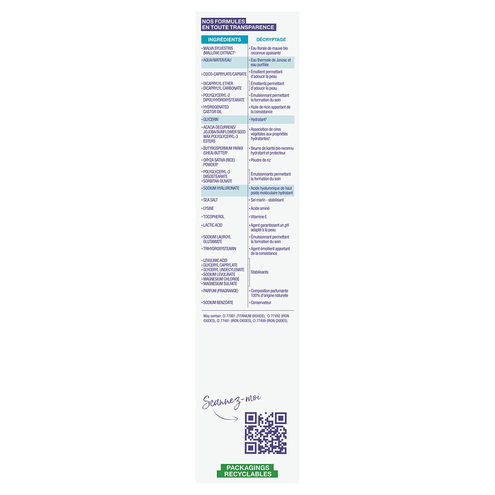 Verpackung mit Inhaltsstoffen und QR-Code. Text auf Französisch. Verpackung recycelbar.