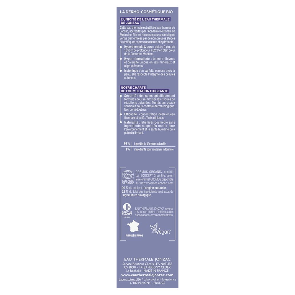 Verpackung mit Informationen zur Bio-Kosmetik von Jonzac. Text auf Französisch. Bio-Zertifizierung.