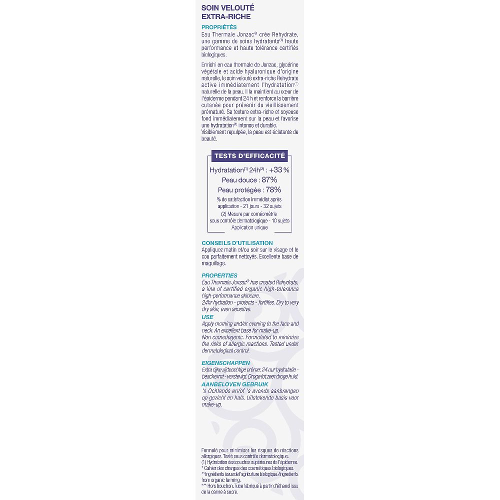 Verpackung, Rückseite. Text: Eau Thermale Jonzac, Eigenschaften, Anwendungshinweise, Inhaltsstoffe. Weißer Hintergrund.