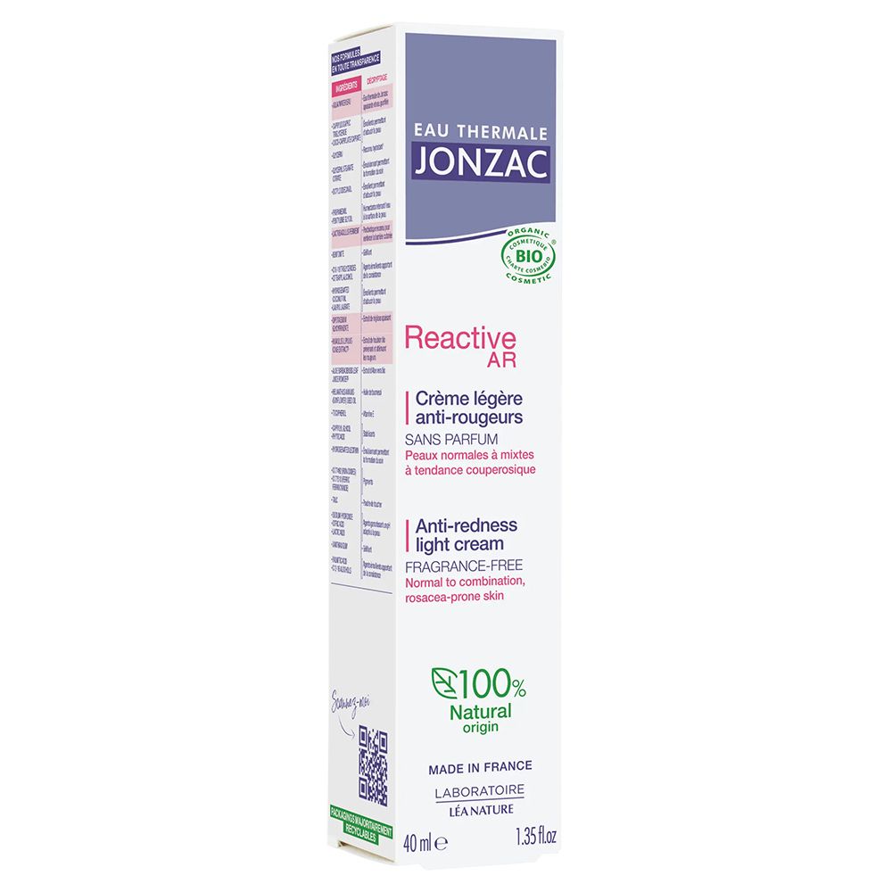 Verpackung von Jonzac Reactive AR Creme. Enthält 40 ml. Mit Bio-Zertifizierung und 100% natürlichen Ursprungs. Text in Deutsch, Französisch.