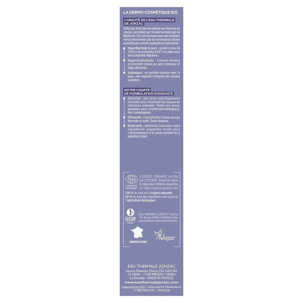 Verpackung von Jonzac Creme. Text über die Inhaltsstoffe und Zertifizierungen. Enthält Informationen über die Inhaltsstoffe und die Marke.