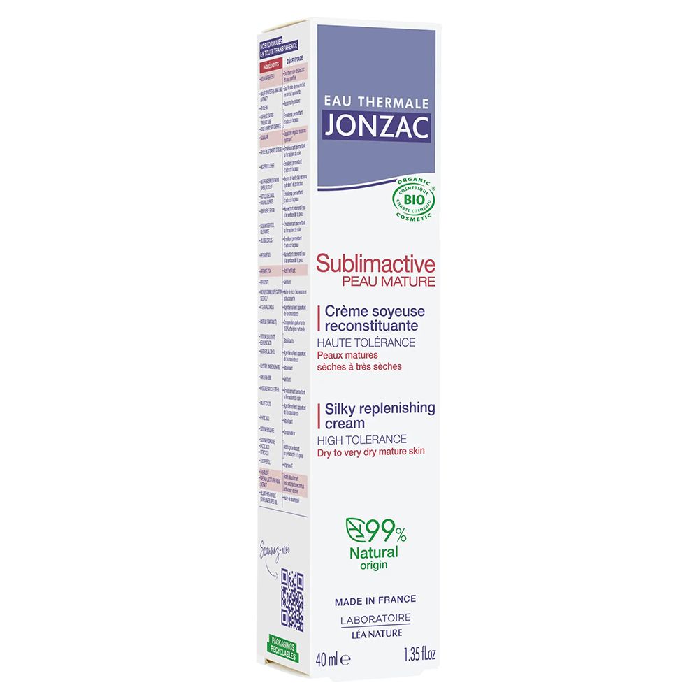 Schachtel mit Produkt. Aufschrift JONZAC, Sublimactive Peau Mature. Bio-Siegel. 99% Natural origin. 40ml.