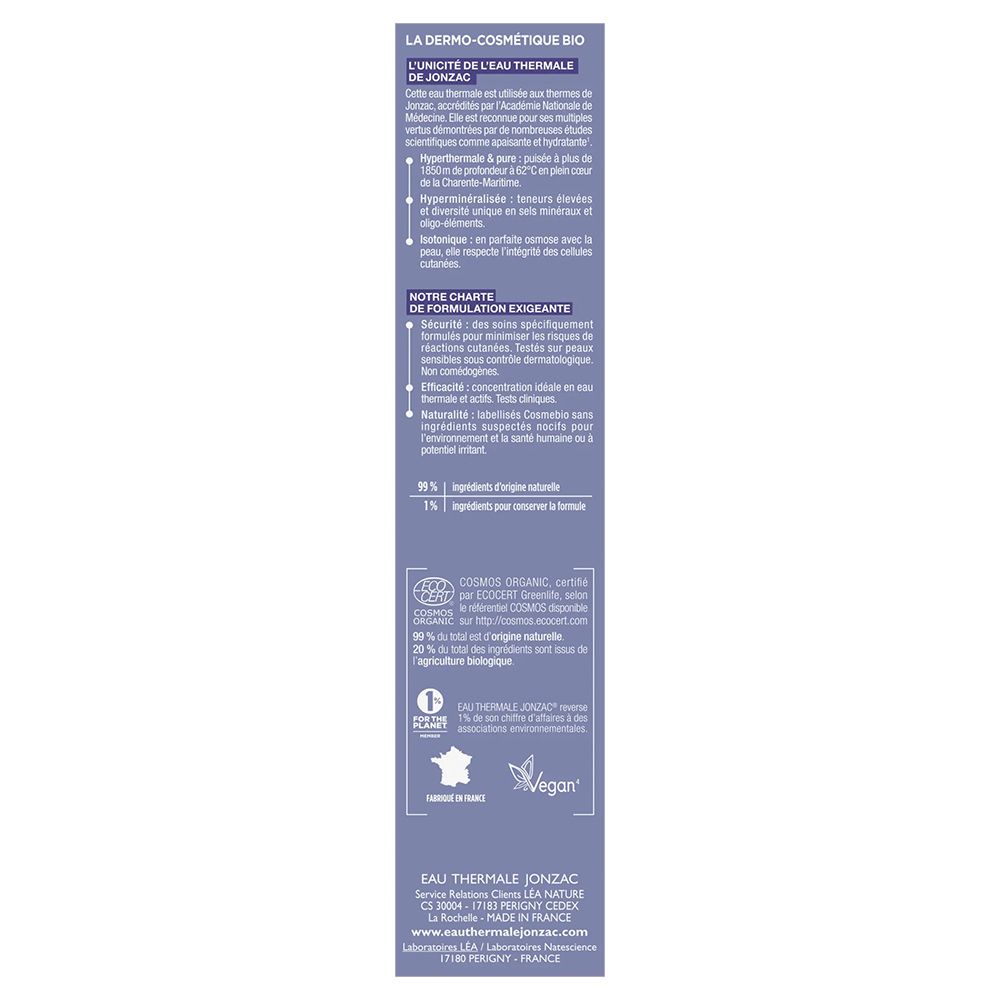 Produktverpackung. Text: La Dermo-Cosmétique Bio. Informationen zu Inhaltsstoffen, Zertifizierungen, Vegan-Logo.