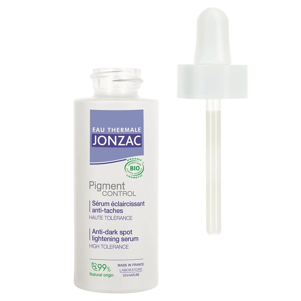 Eau Thermale Jonzac Pigment Control Serum, Flasche geöffnet, Pipette daneben.