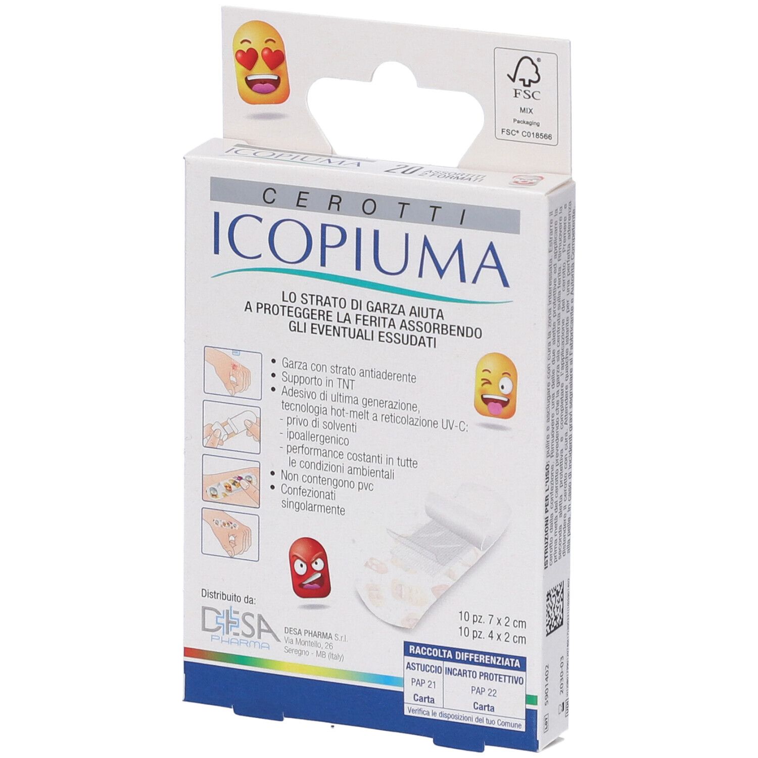 Verpackung mit Pflastern. Aufschrift: Icopiuma Cerotti. Enthält 10 Pflaster 7x2 cm und 10 Pflaster 4x2 cm. FSC-Zertifizierung.