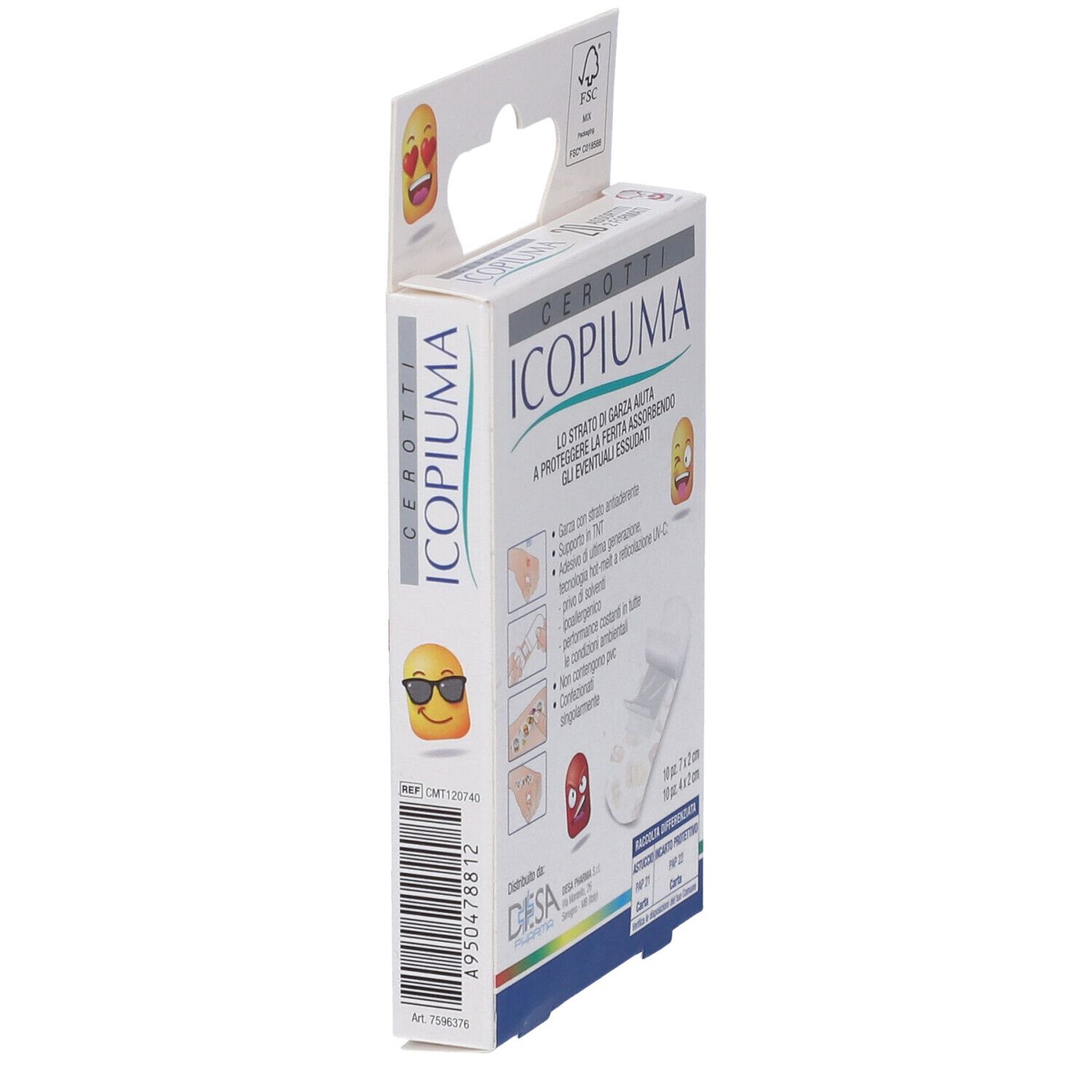 Seitenansicht der Icopiuma-Pflasterverpackung. Aufschrift: Icopiuma Cerotti. FSC-Zertifizierung. Barcode und Herstellerinformationen.