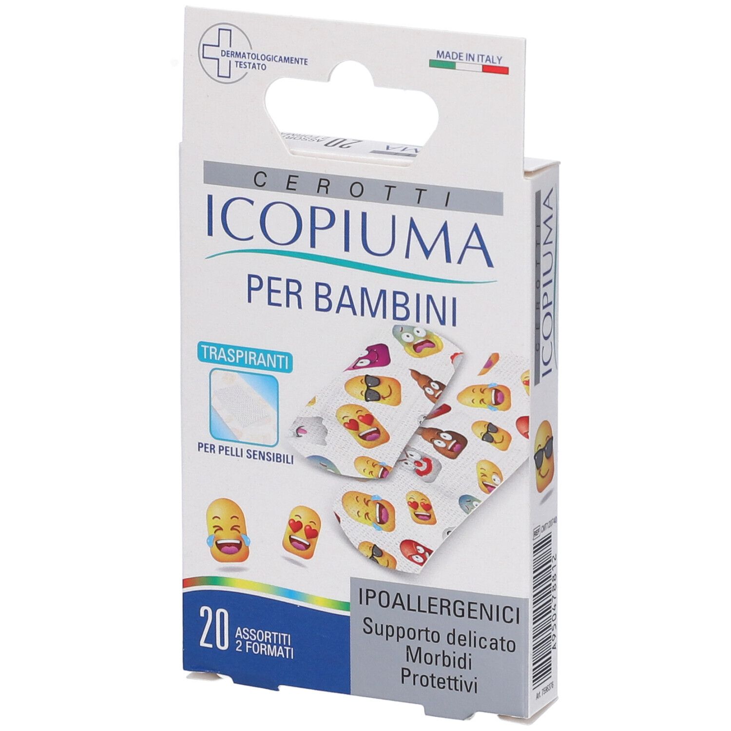 Verpackung mit Pflastern für Kinder. Aufschrift: Icopiuma Per Bambini. Enthält 20 assortierte Pflaster. Dermatologisch getestet. Hypoallergen.