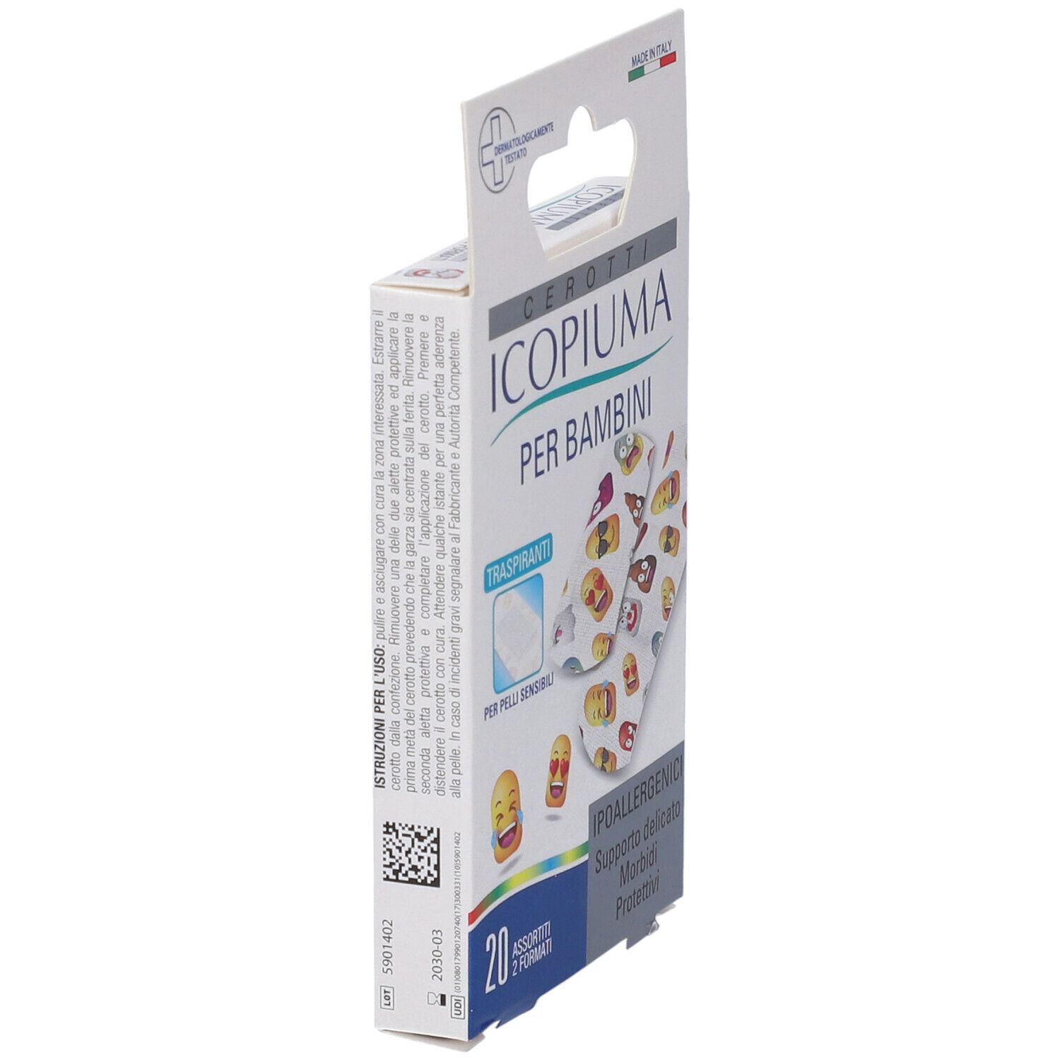 Seitenansicht der Icopiuma-Pflasterverpackung für Kinder. Aufschrift: Icopiuma Per Bambini. Enthält 20 Pflaster. Dermatologisch getestet.