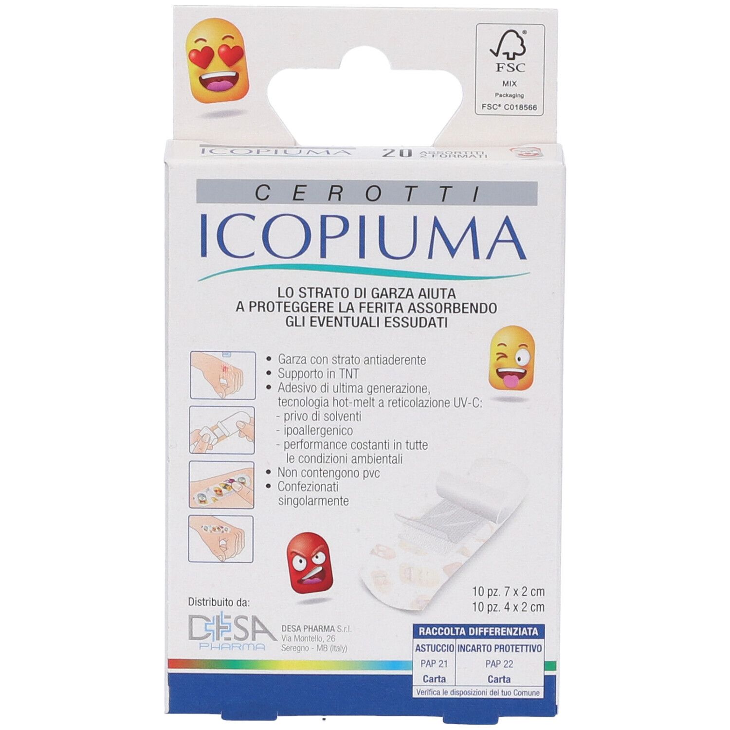 Verpackung mit Pflastern. Aufschrift: Icopiuma Cerotti. Enthält 10 Pflaster 7x2 cm und 10 Pflaster 4x2 cm. FSC-Zertifizierung.