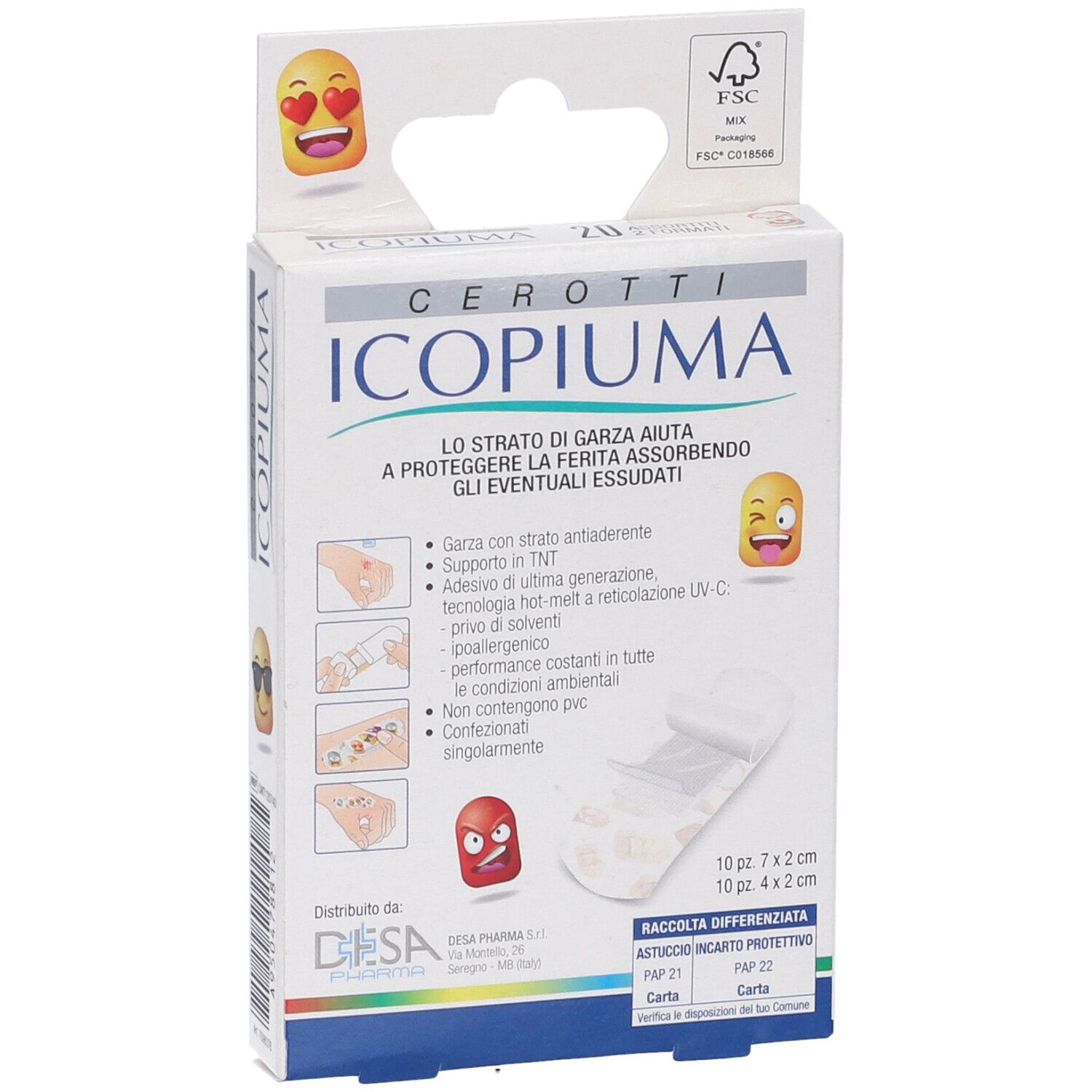 Verpackung mit Pflastern. Aufschrift: Icopiuma Cerotti. Enthält 10 Pflaster 7x2 cm und 10 Pflaster 4x2 cm. FSC-Zertifizierung.