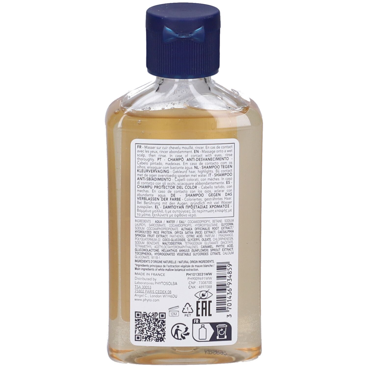 Rückseite der Phyto Shampoo Flasche. Etikett mit Produktinformationen, Inhaltsstoffen und Logos. Transparente Flüssigkeit.