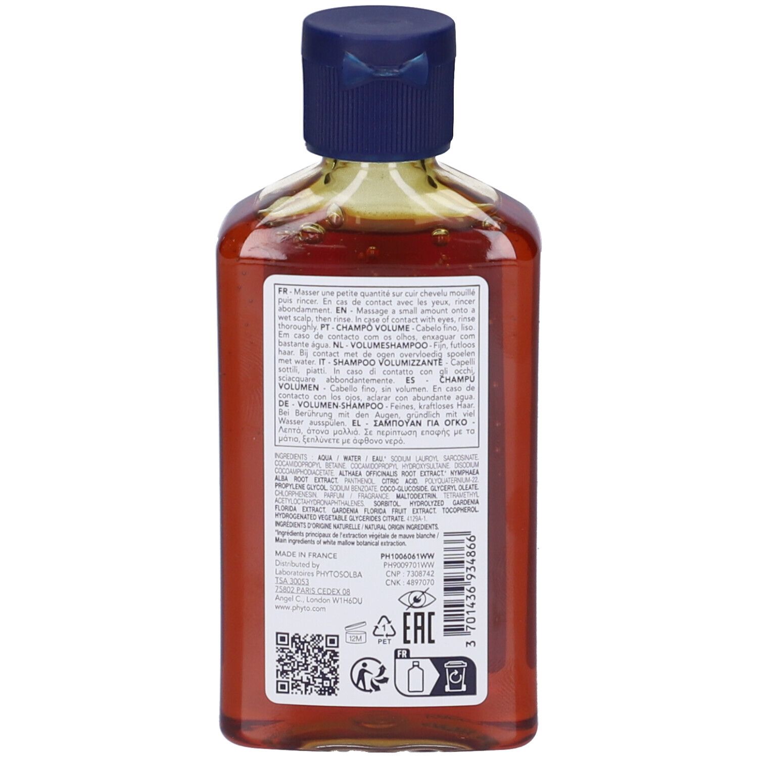 Braune Shampoo-Flasche mit blauem Klappdeckel. Rückseite mit mehrsprachigen Produktinformationen und Barcode.