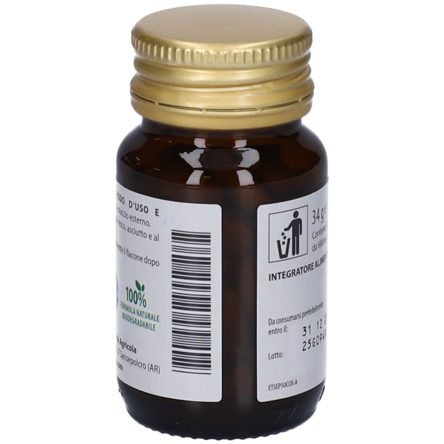 Rückseite der Flasche. Etikett mit Informationen: 34g, 50 Tabletten, Nahrungsergänzungsmittel. Barcode.