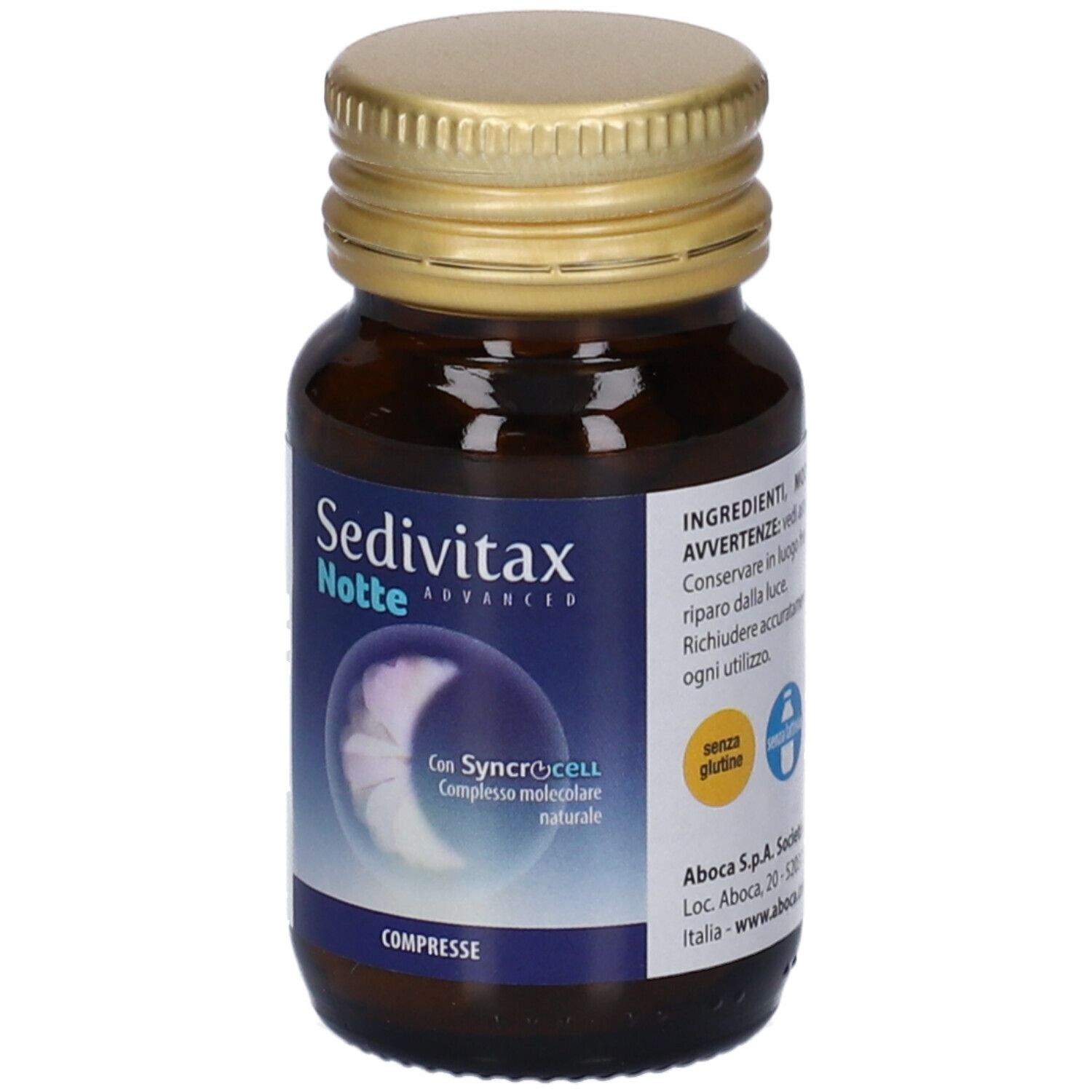 Braune Glasflasche mit goldfarbenem Deckel. Etikett mit Produktnamen und Mond-Design. Tabletten.