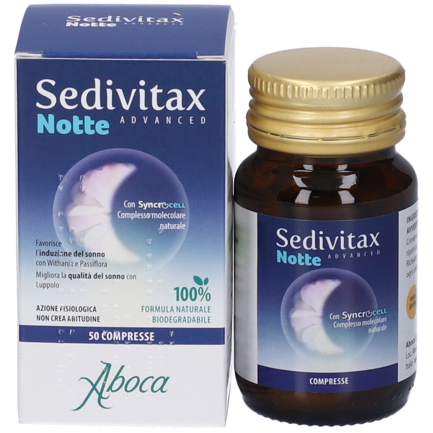 Produktflasche und Schachtel. Schachtel mit Produktnamen, Mond-Design und 50 Tabletten. Aboca Logo.