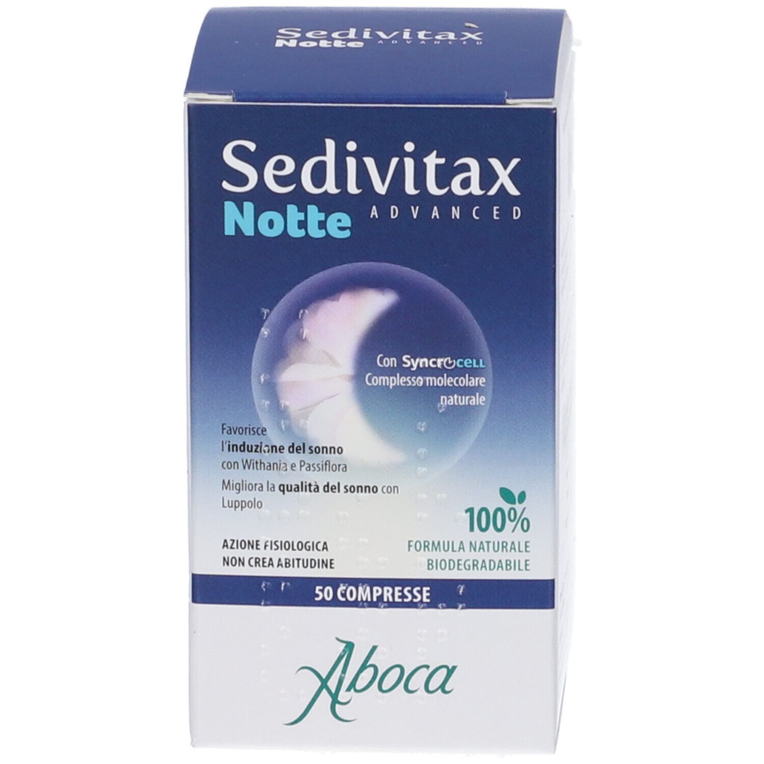 Produktverpackung. Schachtel mit Produktnamen, Mond-Design und 50 Tabletten. Aboca Logo.