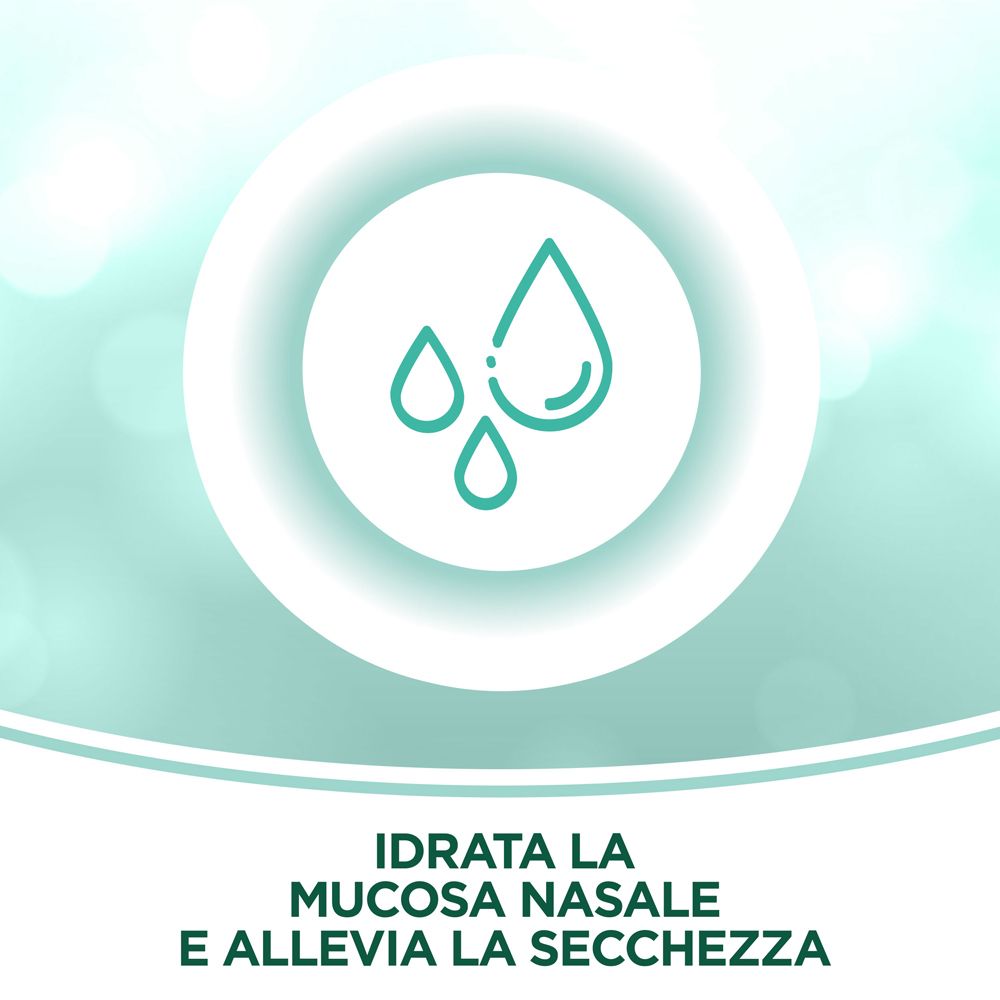 Kreisförmige Abbildung mit Wassertropfen. Text: Idratata la mucosa nasale e allevia la secchezza.