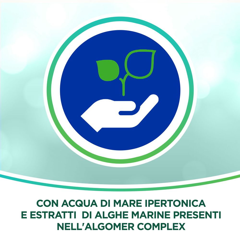 Kreisförmige Abbildung mit Hand und Pflanze. Text: Con acqua di mare ipertonica e estratti di alghe marine.