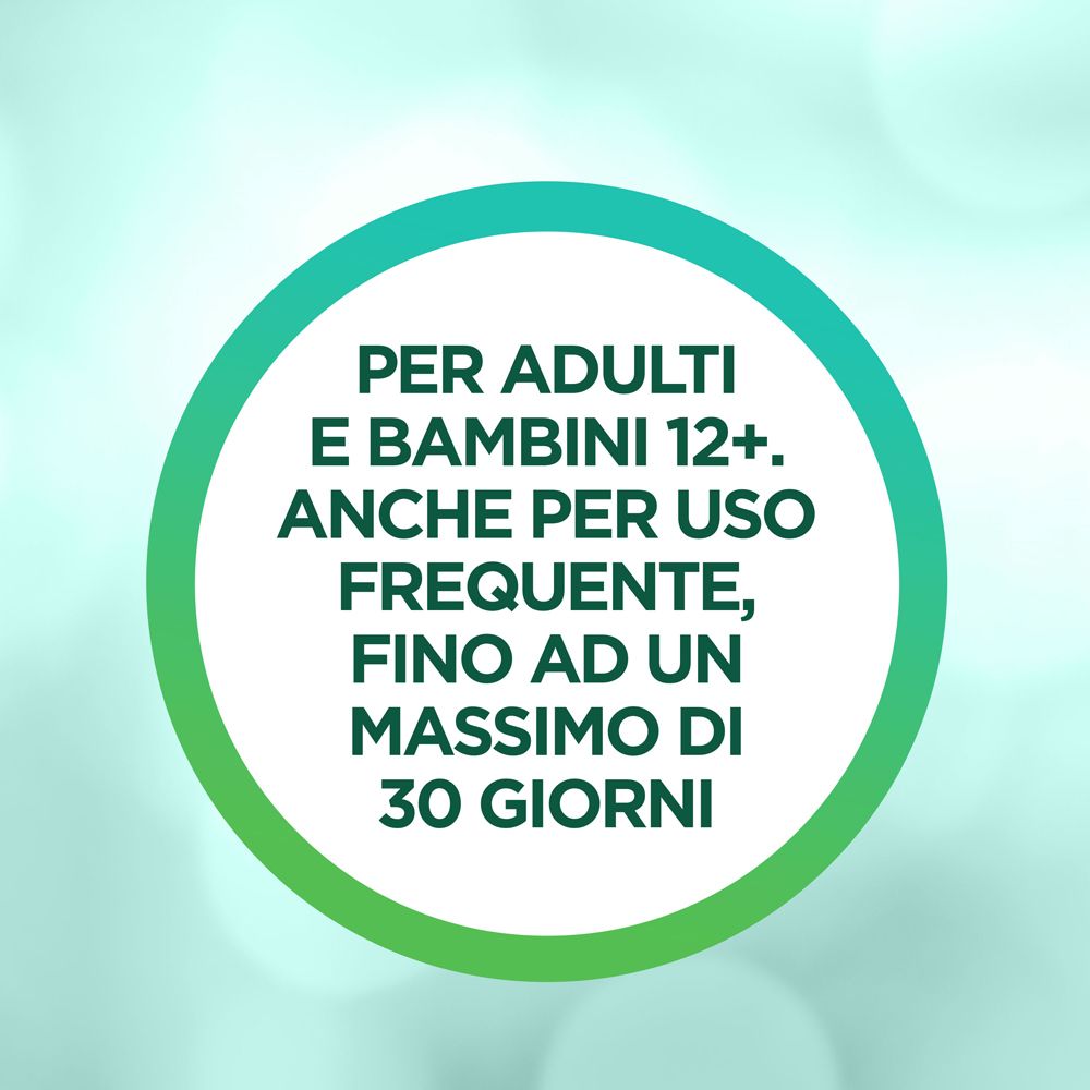 Kreisförmige Abbildung. Text: Per adulti e bambini 12+. Anche per uso frequente, fino ad un massimo di 30 giorni.