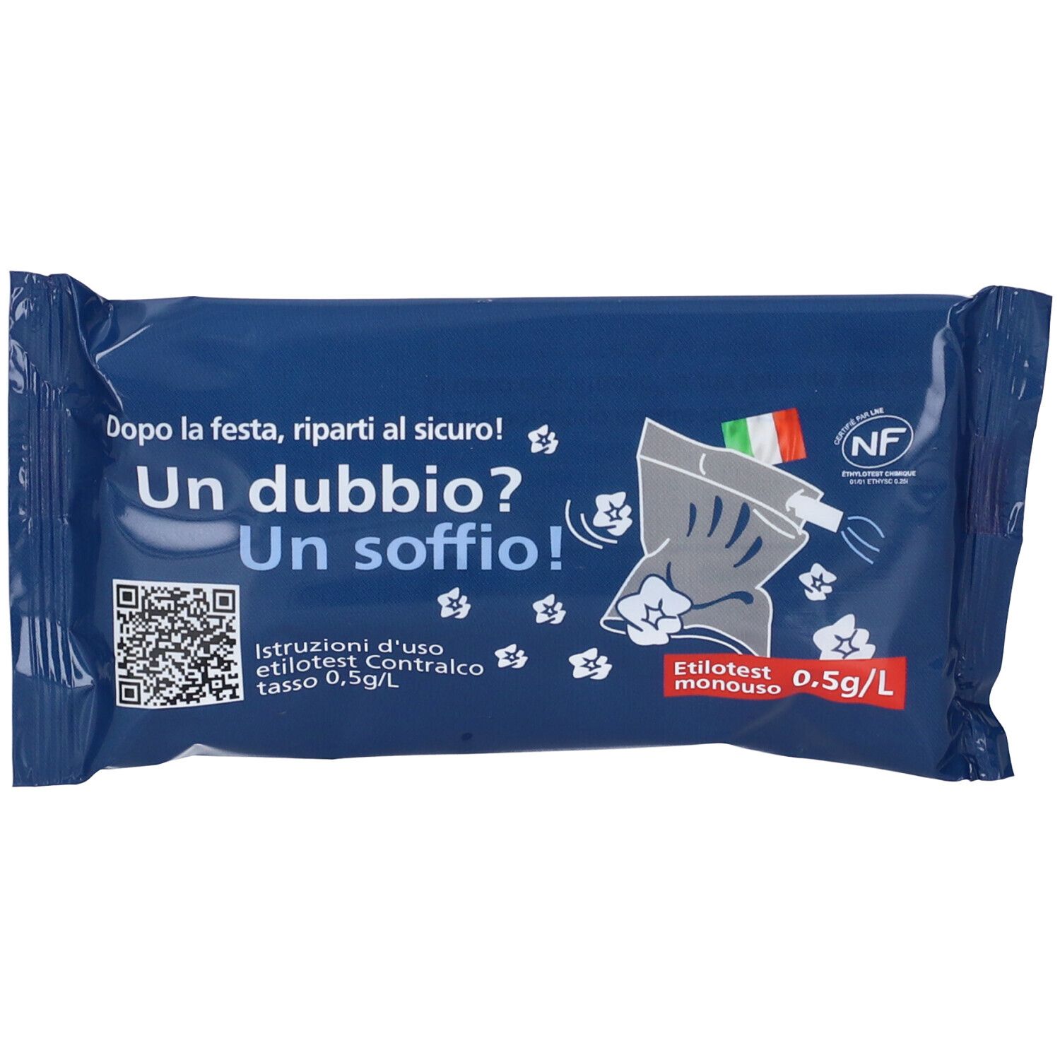 Busta blu con testo e illustrazioni. Scritta: Etilotest monouso 0.5g/L. Con bandiere italiana e francese.