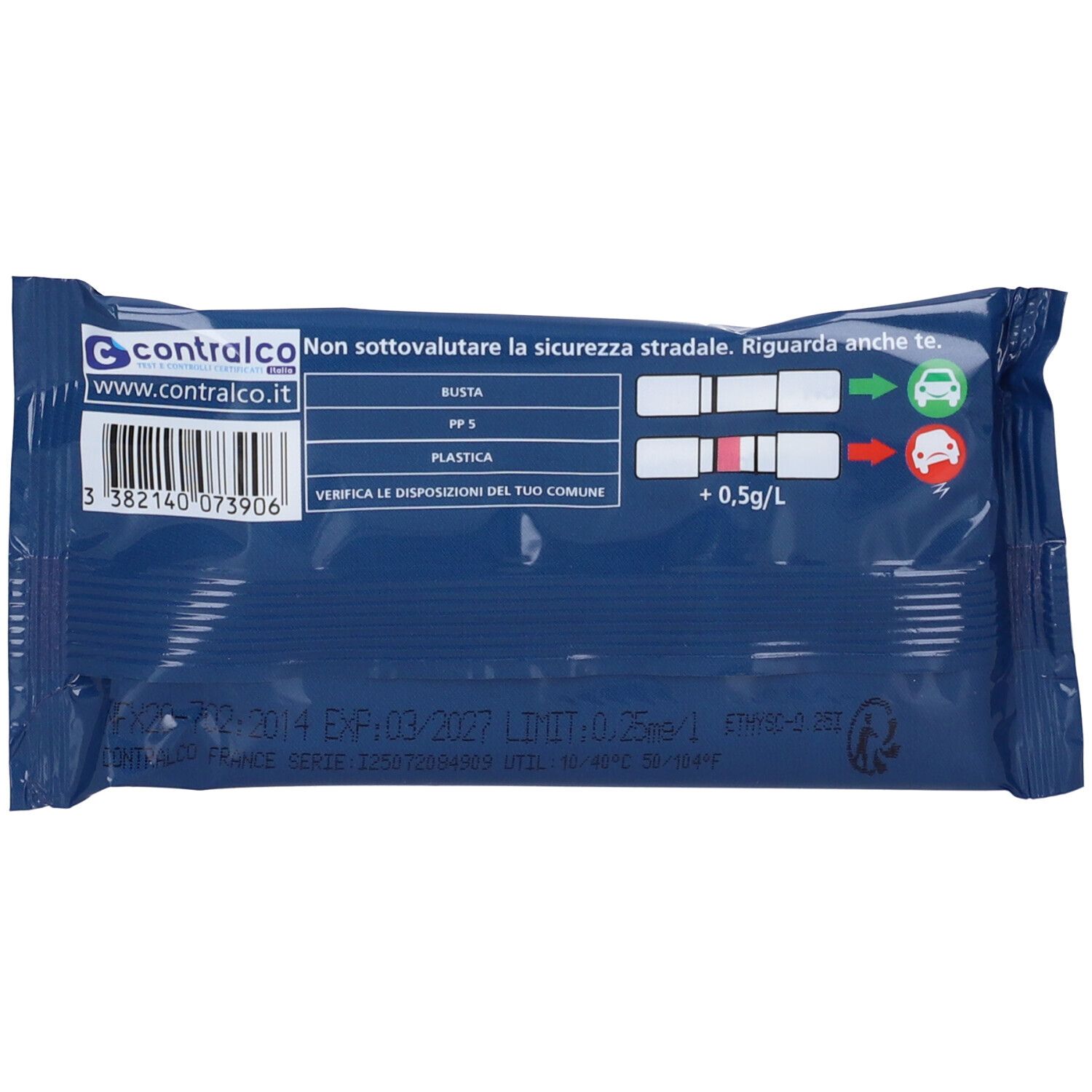 Retro di una busta blu. Testo: Non sottovalutare la sicurezza stradale. Con codice a barre e indicatore di risultato.