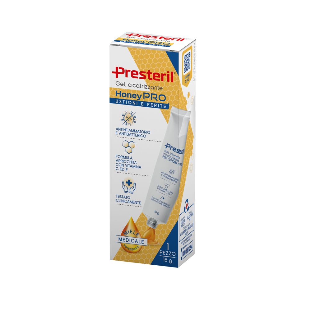 PRESTERIL HoneyPRO Gel cicatrizzante in confezione. Tubo da 15g di gel. Sulla scatola sono visibili nomi e loghi del prodotto.