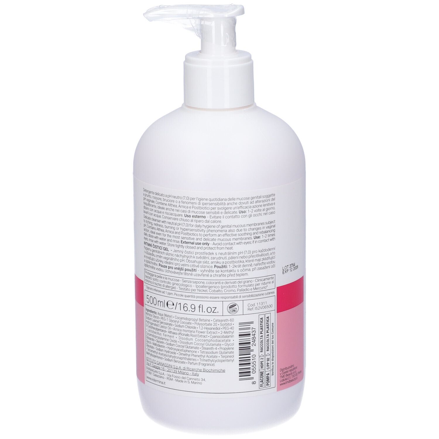 Weiße Pumpflasche mit rosa Etikett, 500ml.