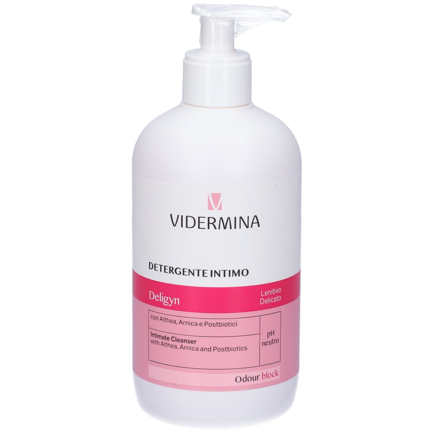 Weiße Pumpflasche mit VIDERMINA Schriftzug. Intimreiniger Deligyn mit Arnika und Postbiotika. pH neutral.