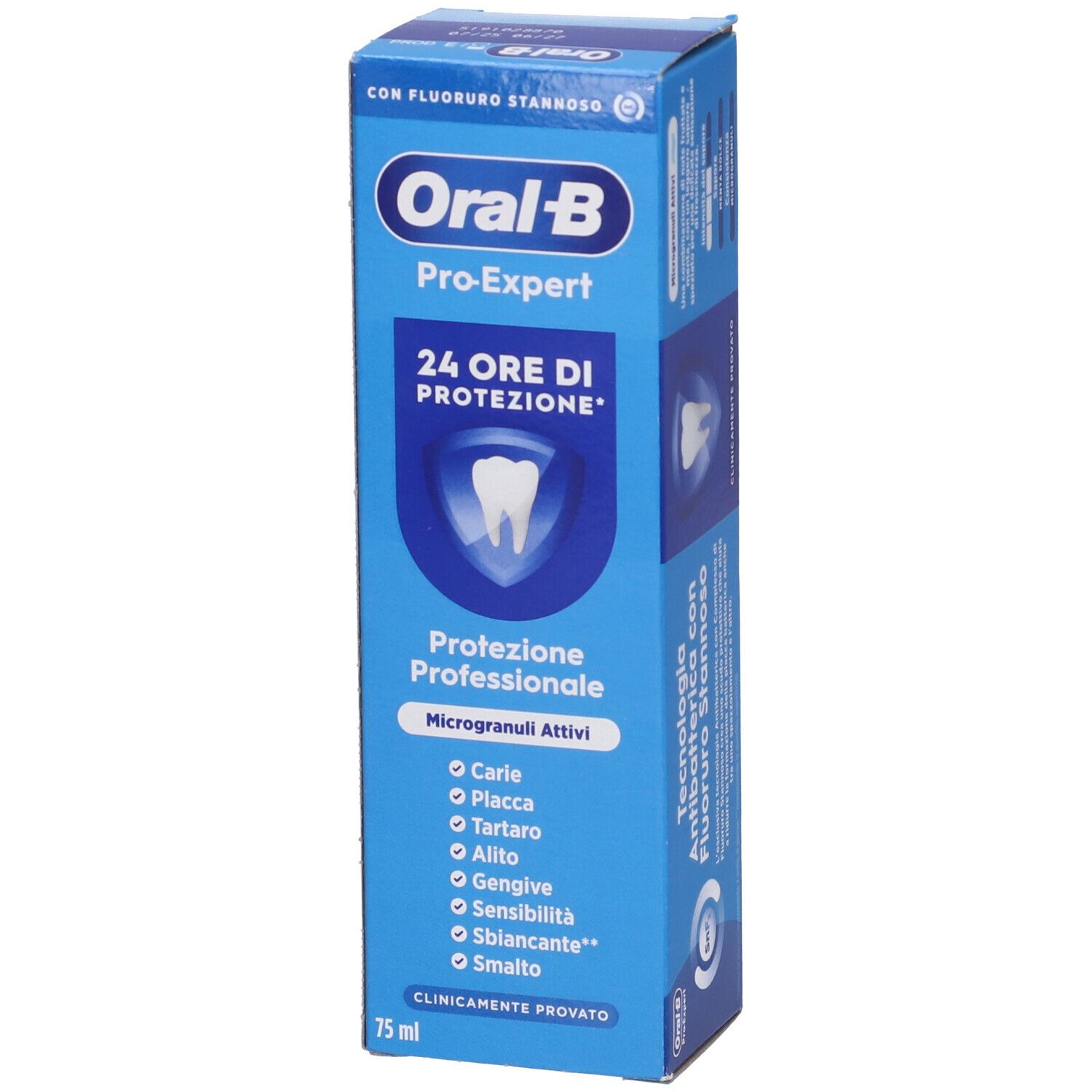 Oral-B Pro-Expert Zahnpastaschachtel, 75 ml, mit Zahn-Symbol und Schutzschild.