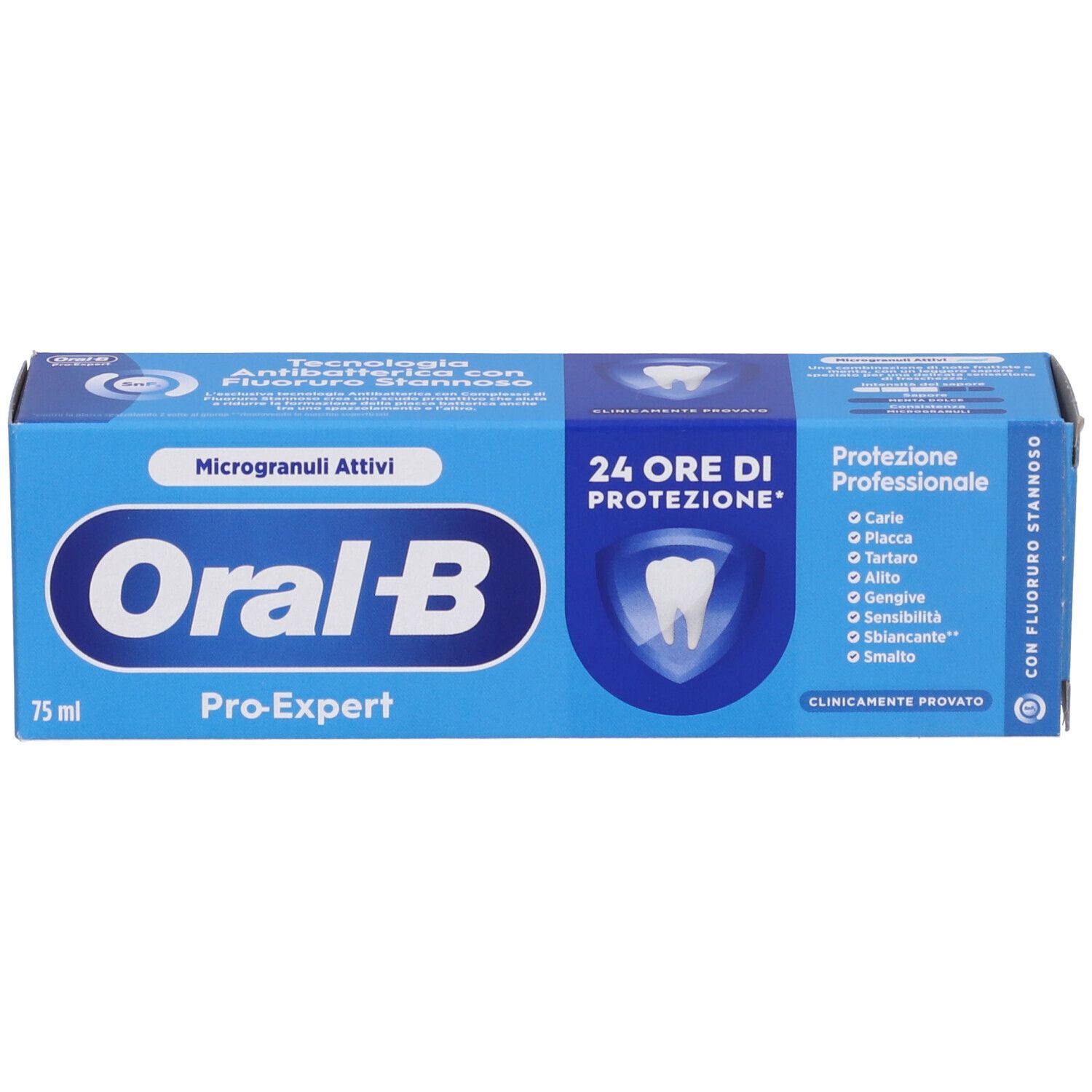 Oral-B Pro-Expert Zahnpasta, 75 ml, mit aktiven Mikrokörnchen für 24h professionellen Schutz.