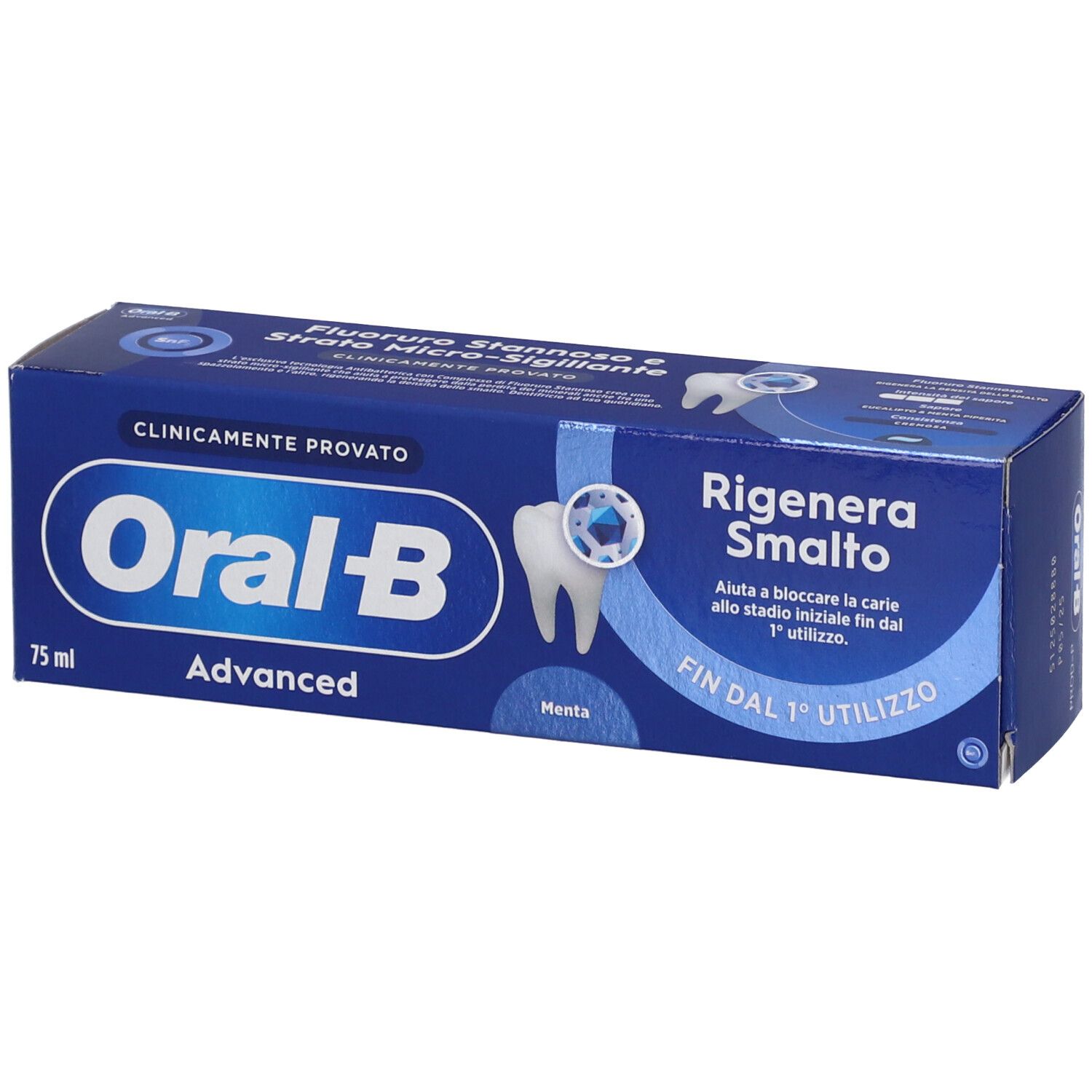 Confezione blu Oral-B Advanced. Contiene 75 ml. Testo: Rigenera Smalto, Menta.