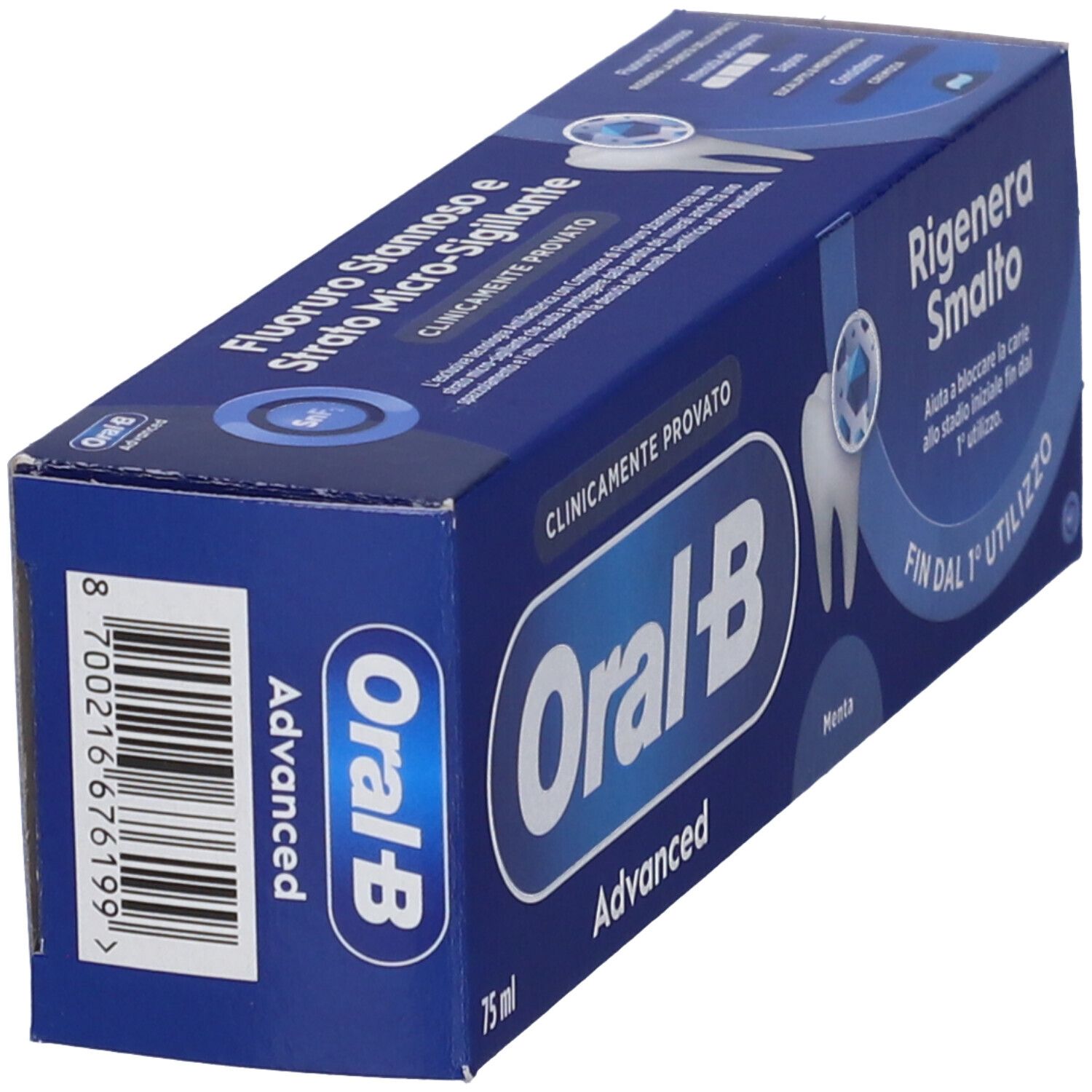 Confezione blu Oral-B Advanced in prospettiva. Contiene 75 ml. Testo: Rigenera Smalto.