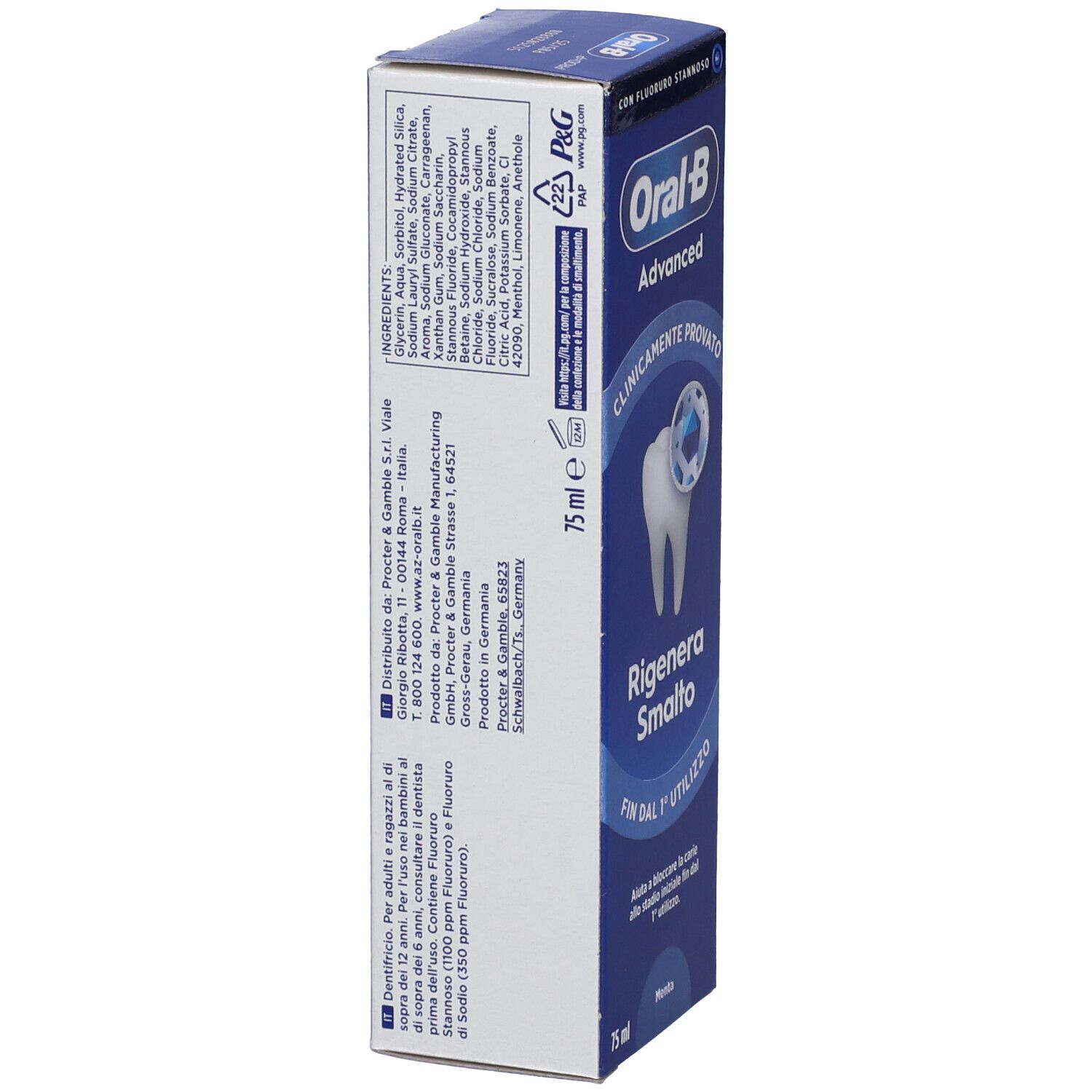 Retro confezione blu Oral-B Advanced. Contiene 75 ml. Ingredienti visibili.