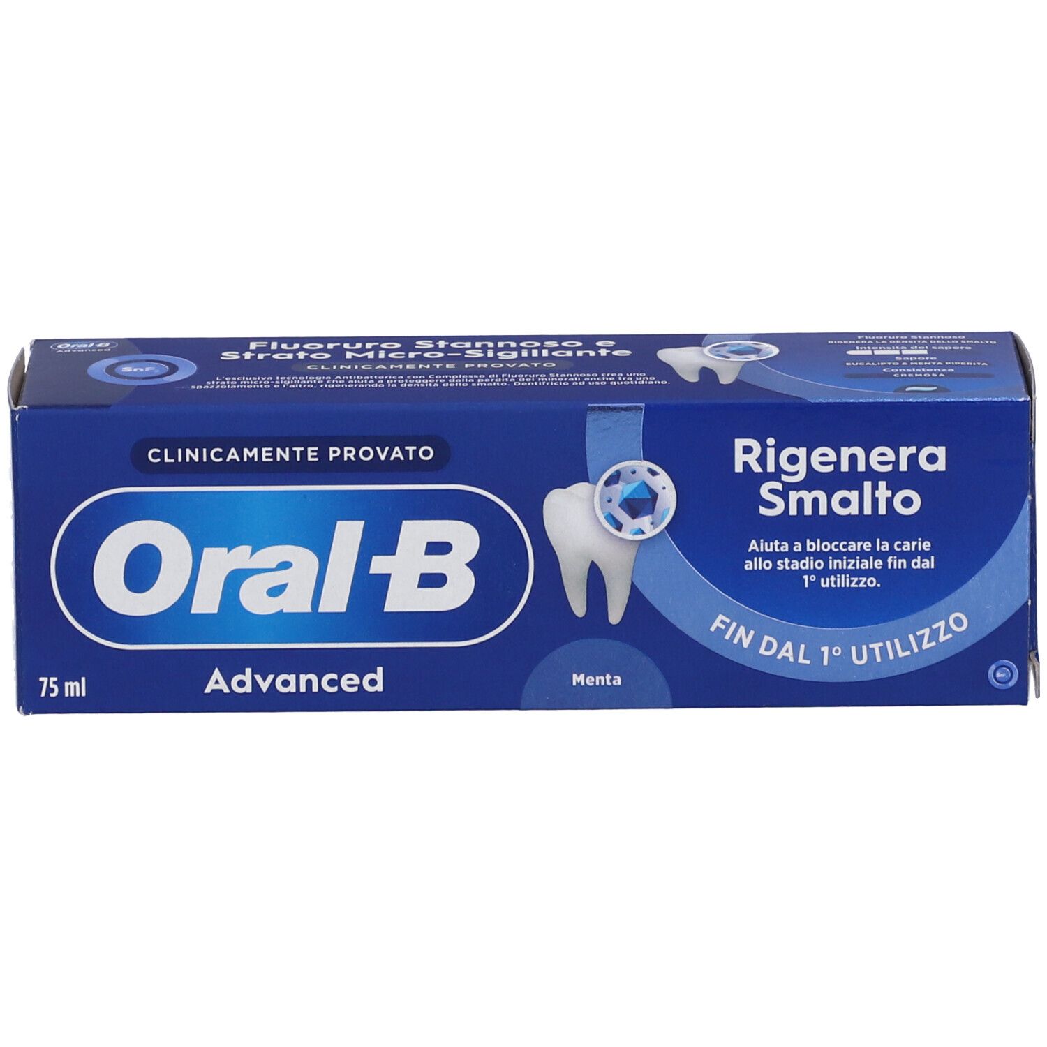 Confezione blu Oral-B Advanced. Contiene 75 ml. Testo: Rigenera Smalto, Menta.