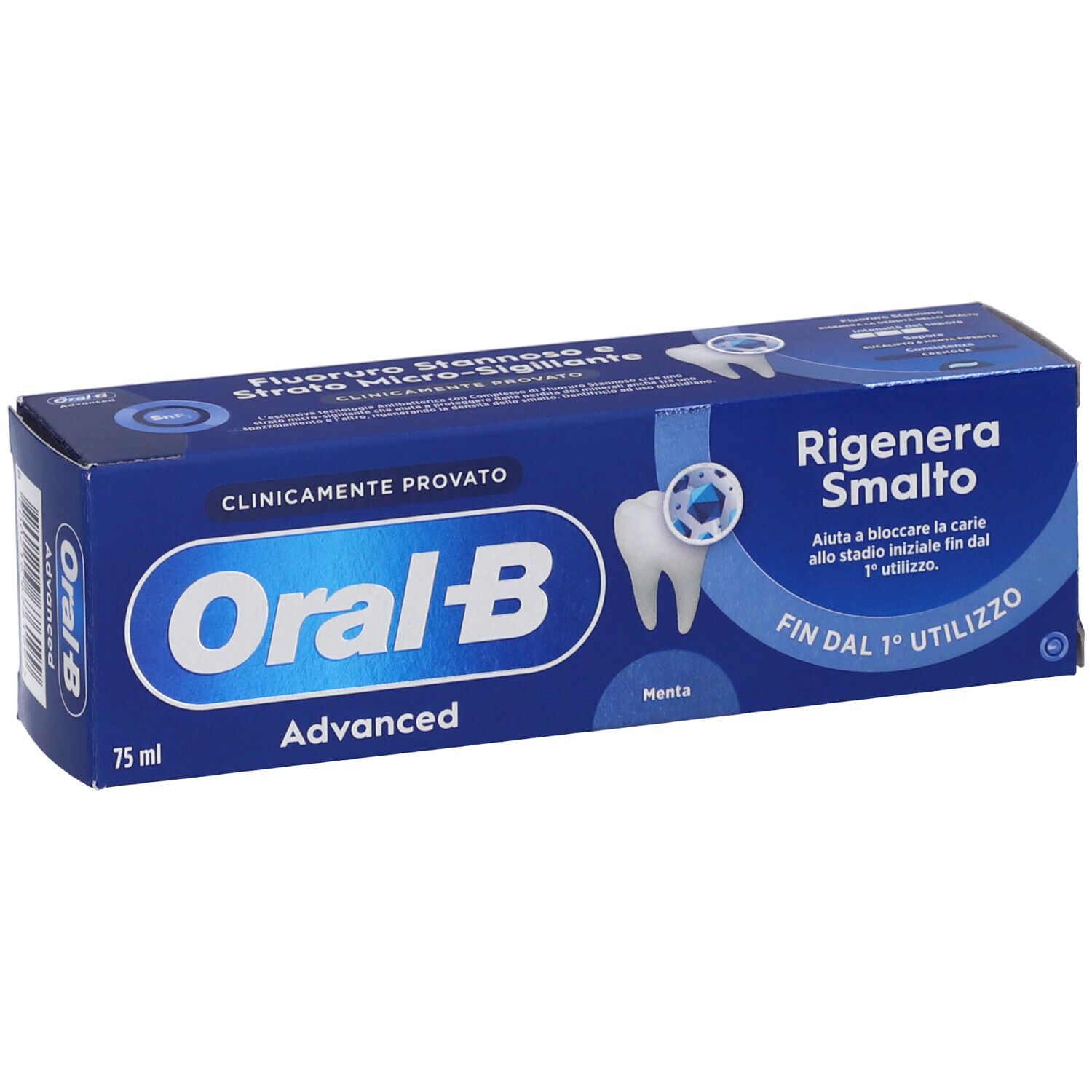 Confezione blu Oral-B Advanced. Contiene 75 ml. Testo: Rigenera Smalto, Menta.