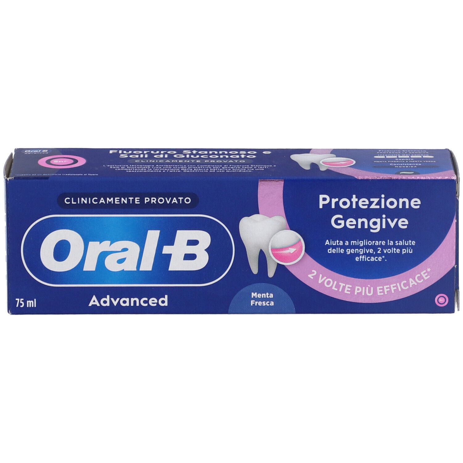 Oral-B Advanced Zahnpasta-Verpackung, 75 ml, mit Zahnabbildung und Text 'Protezione Genitive'.