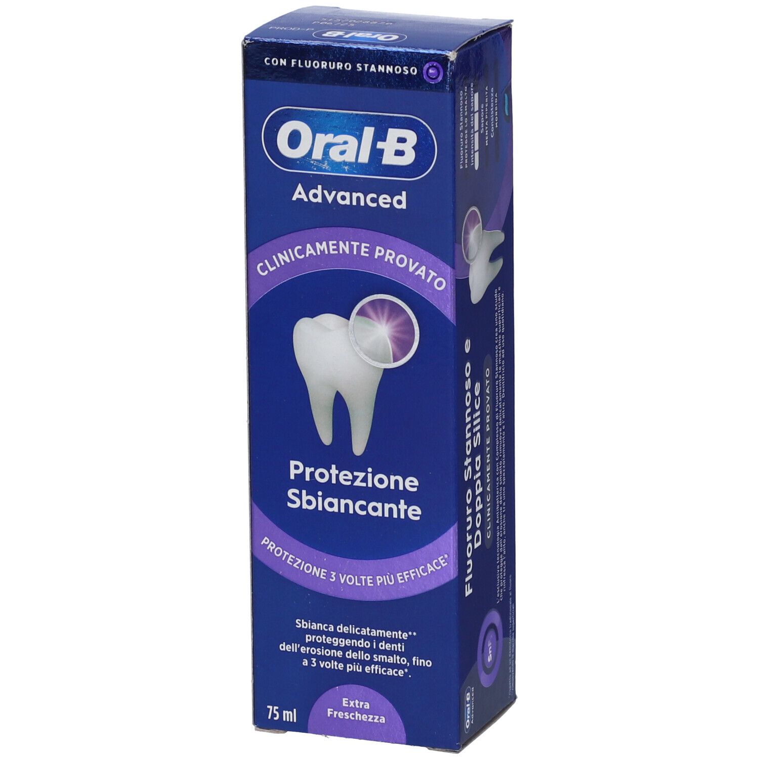 Oral-B Advanced Zahnpasta-Verpackung mit Zahnabbildung und Text 'Protezione Sbiancante'.