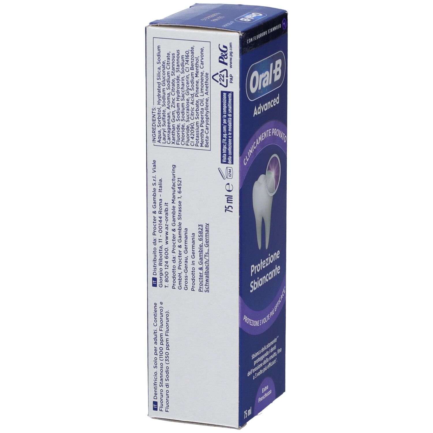 Oral-B Advanced Zahnpasta-Schachtel, 75 ml, mit Zahnabbildung und Produktinformationen.