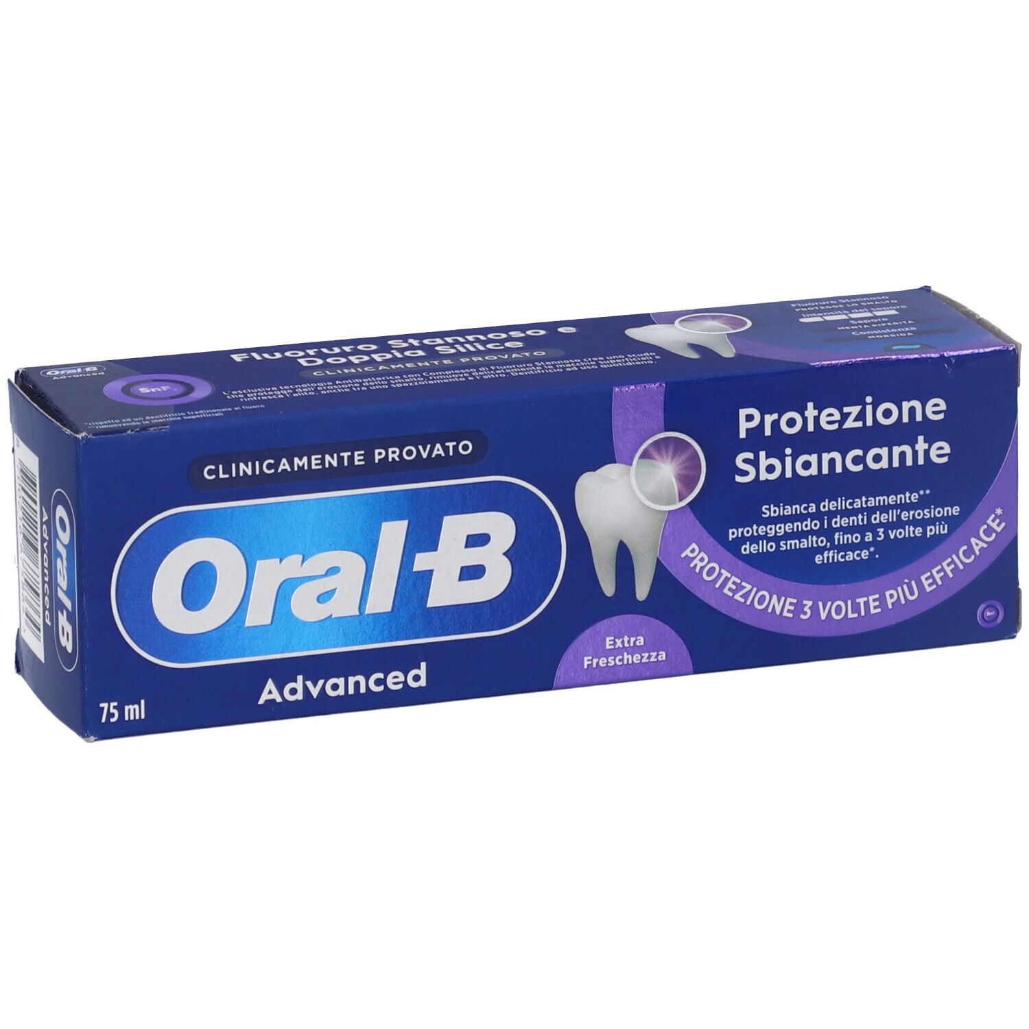 Oral-B Advanced Zahnpasta-Schachtel, 75 ml, mit Aufdruck 'Protezione Sbiancante'.