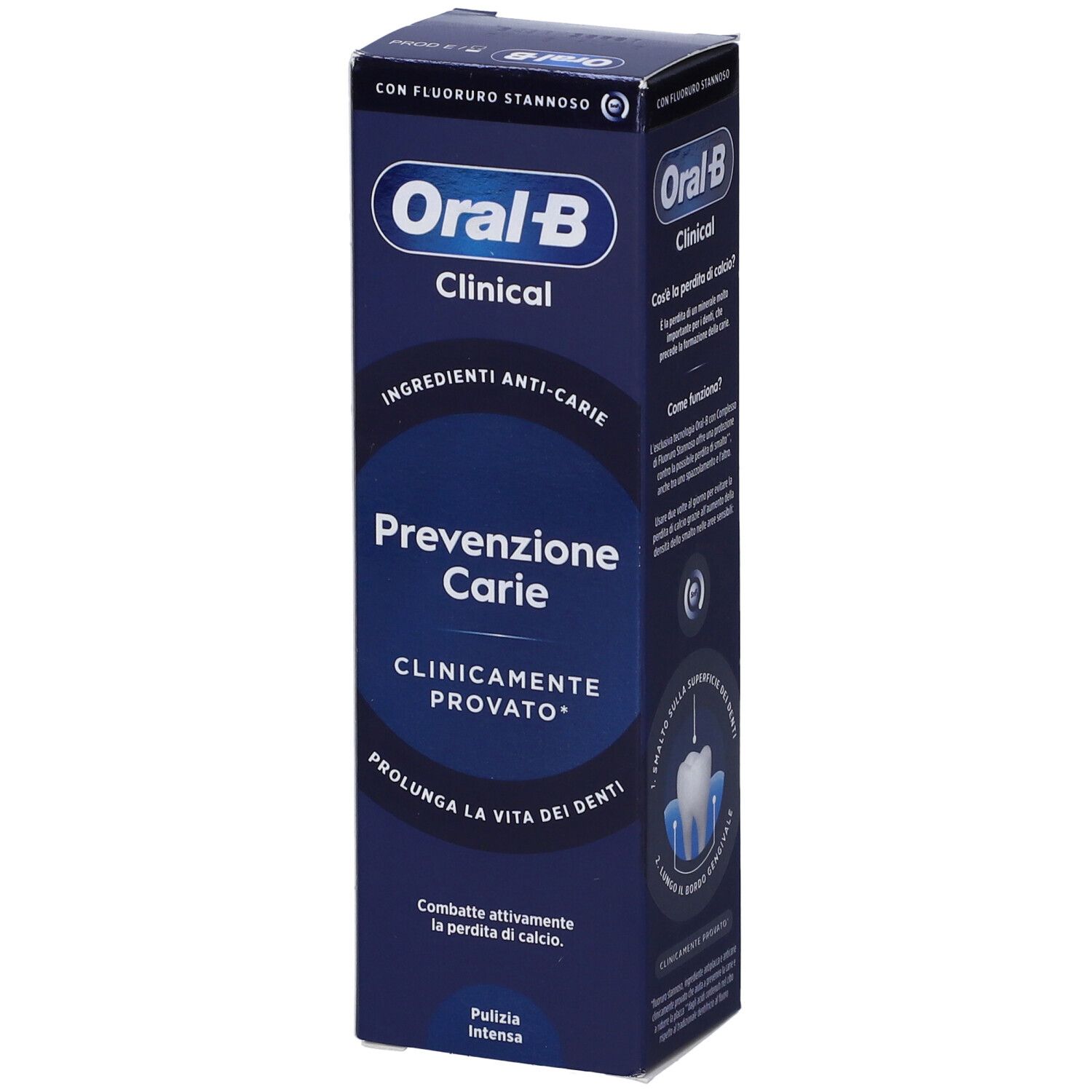 Oral-B Clinical Zahnpasta-Verpackung mit Aufschrift 'Prevenzione Carie'.