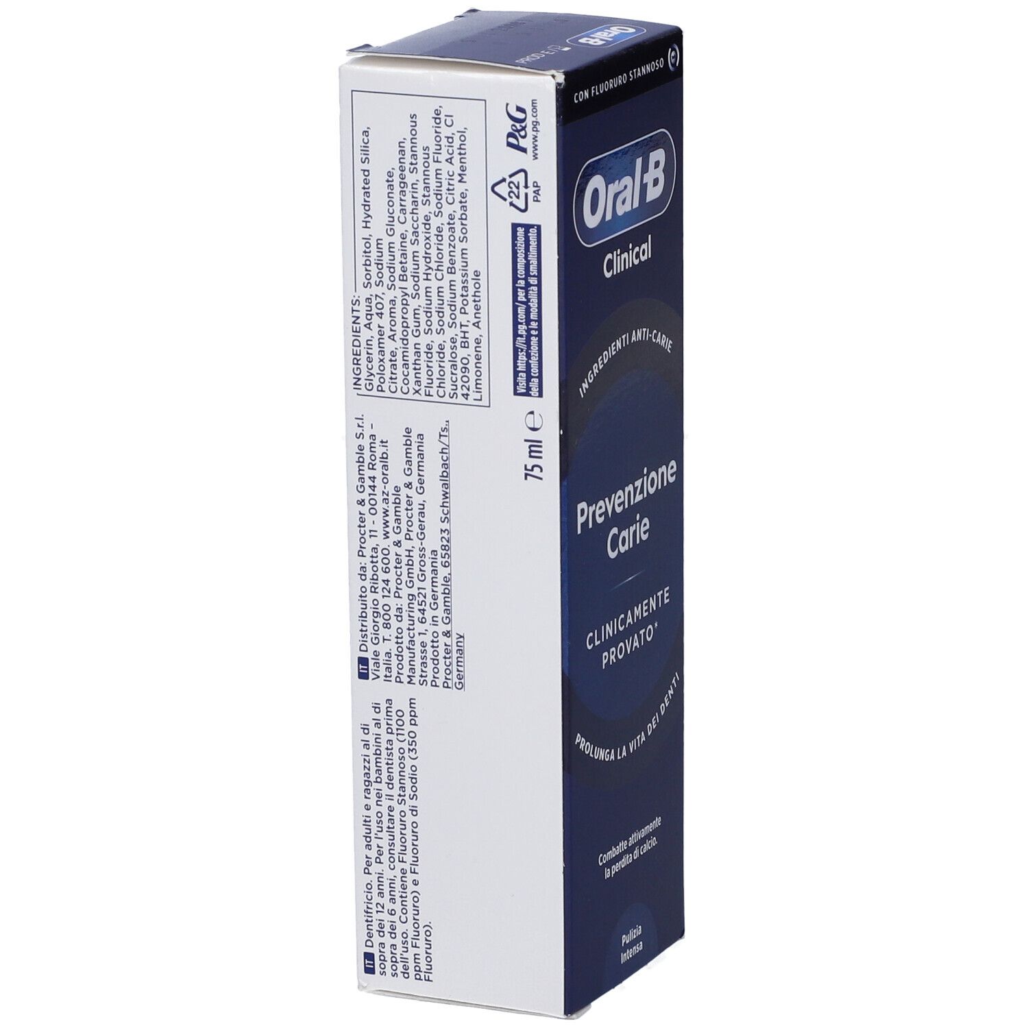 Oral-B Clinical Zahnpasta-Verpackung, 75 ml, mit Kariesschutz.