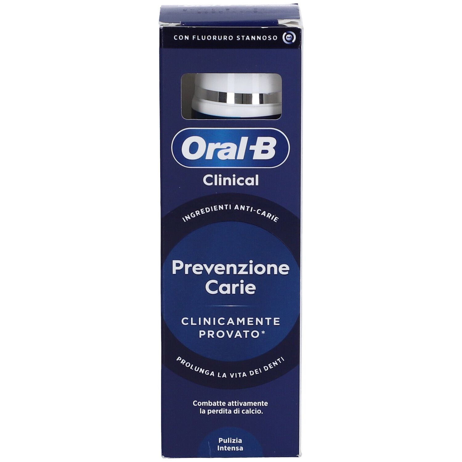 Oral-B Clinical Zahnpasta-Verpackung mit "Prevenzione Carie" Aufschrift.