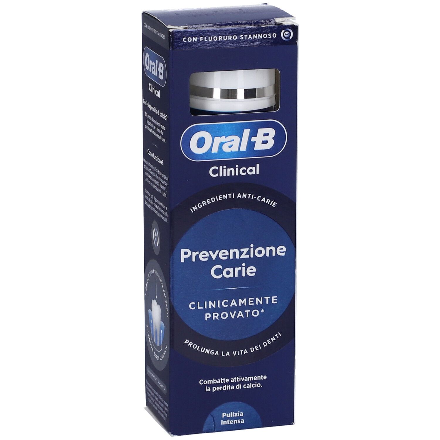Oral-B Clinical Zahnpasta-Verpackung mit Aufdruck 'Prevenzione Carie'.